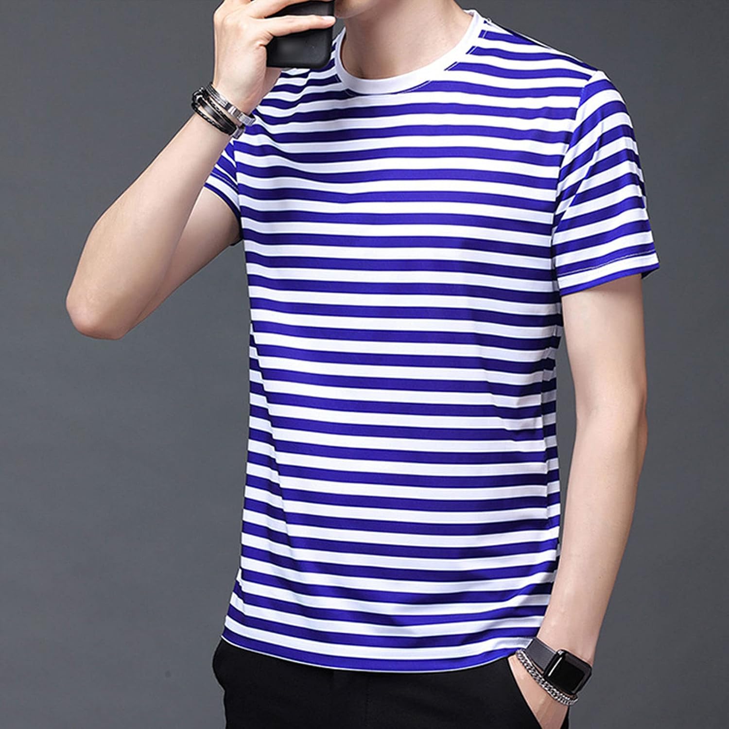 Men's Slim-Fit Short-Sleeve Cotton Crewneck Shirt Striped Casual Short-Sleeved T-Shirt Loose Vintage Summer Tee