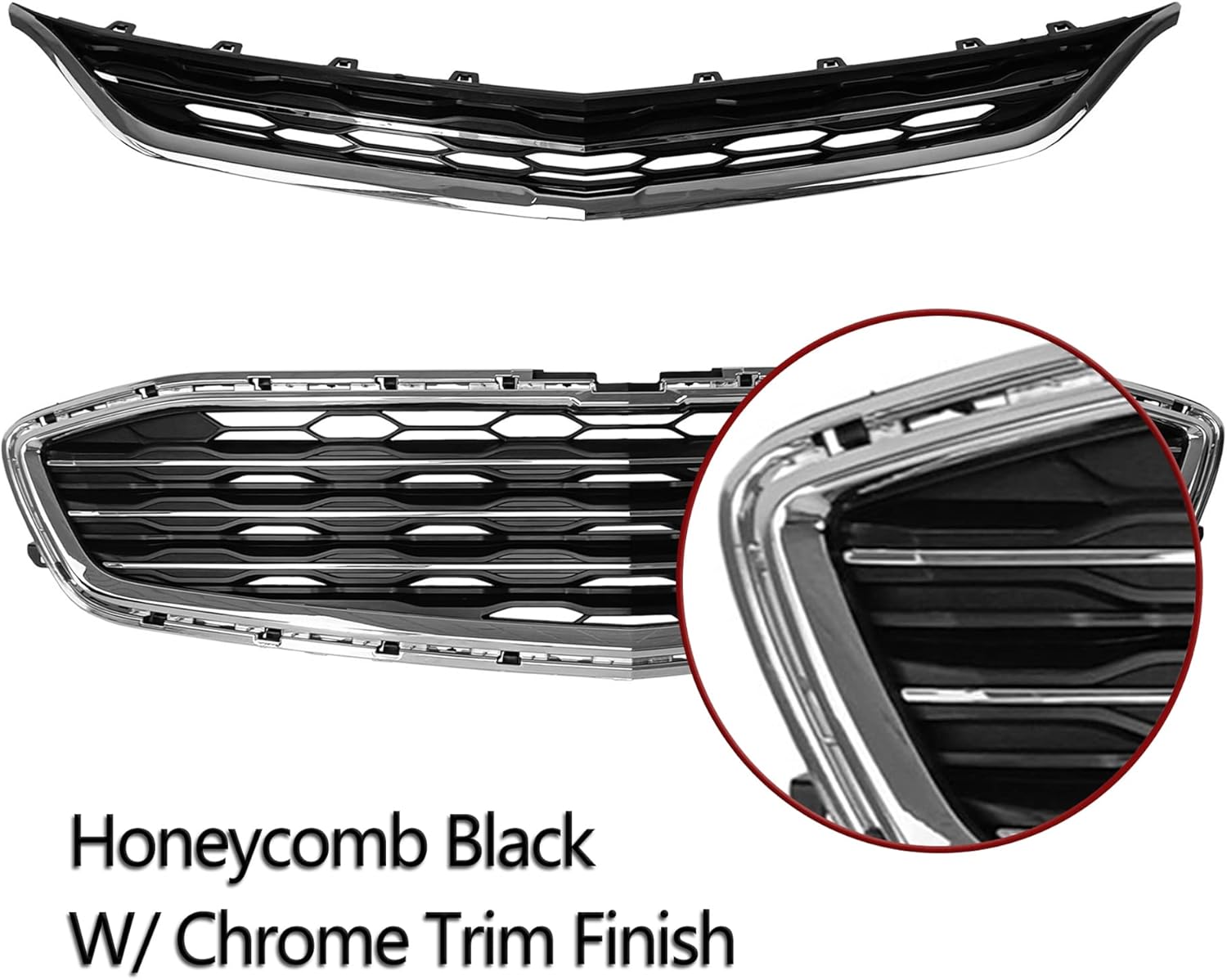 PartsFlow Front Bumper Grille Upper And Lower Honeycomb Mesh Grill Black With Chrome For 2016 2017 2018 Chevrolet Chevy Malibu GM1200730