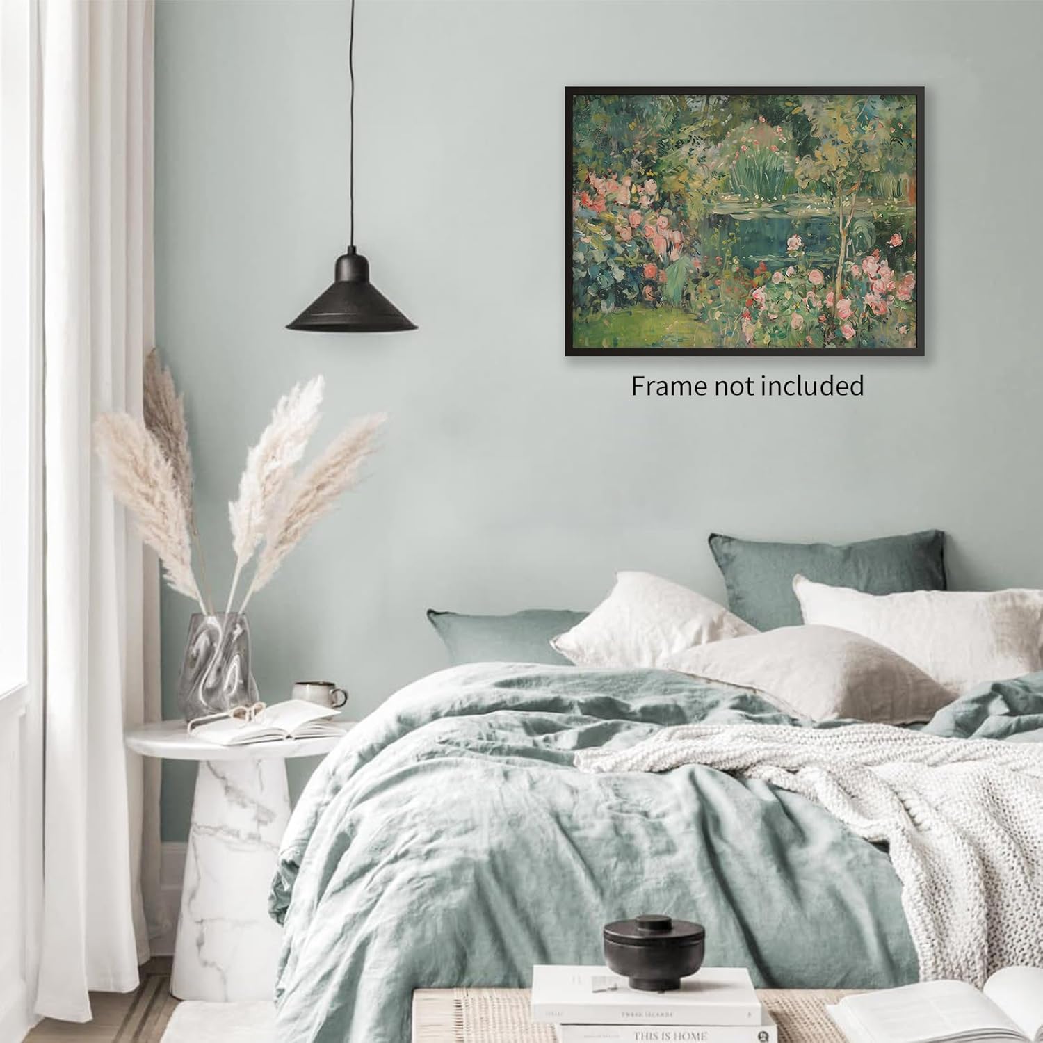 Haitunone Sage Green Scenery Garden Wall Art Landscape Botanical Wildflower Poster Nature Flower Oil Canvas Painting for Living Room Bedroom Wall Decor 24x36 inch Unframed