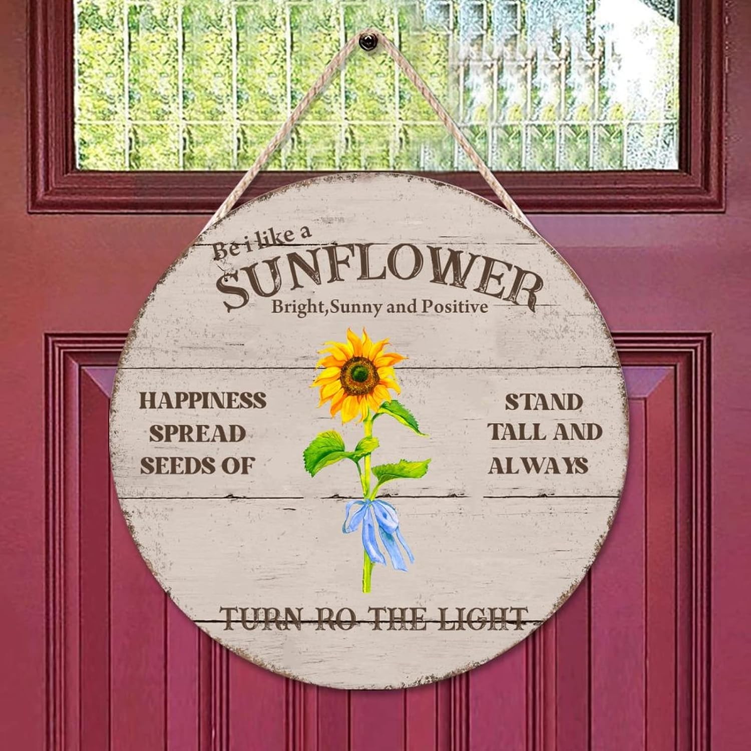 Sunflower Front Door Sign, Happiness Wood Door Sign, 16x16in Retro Wall Door Hanging Sign for Front Door Farmhouse Porch Housewarming Gifts