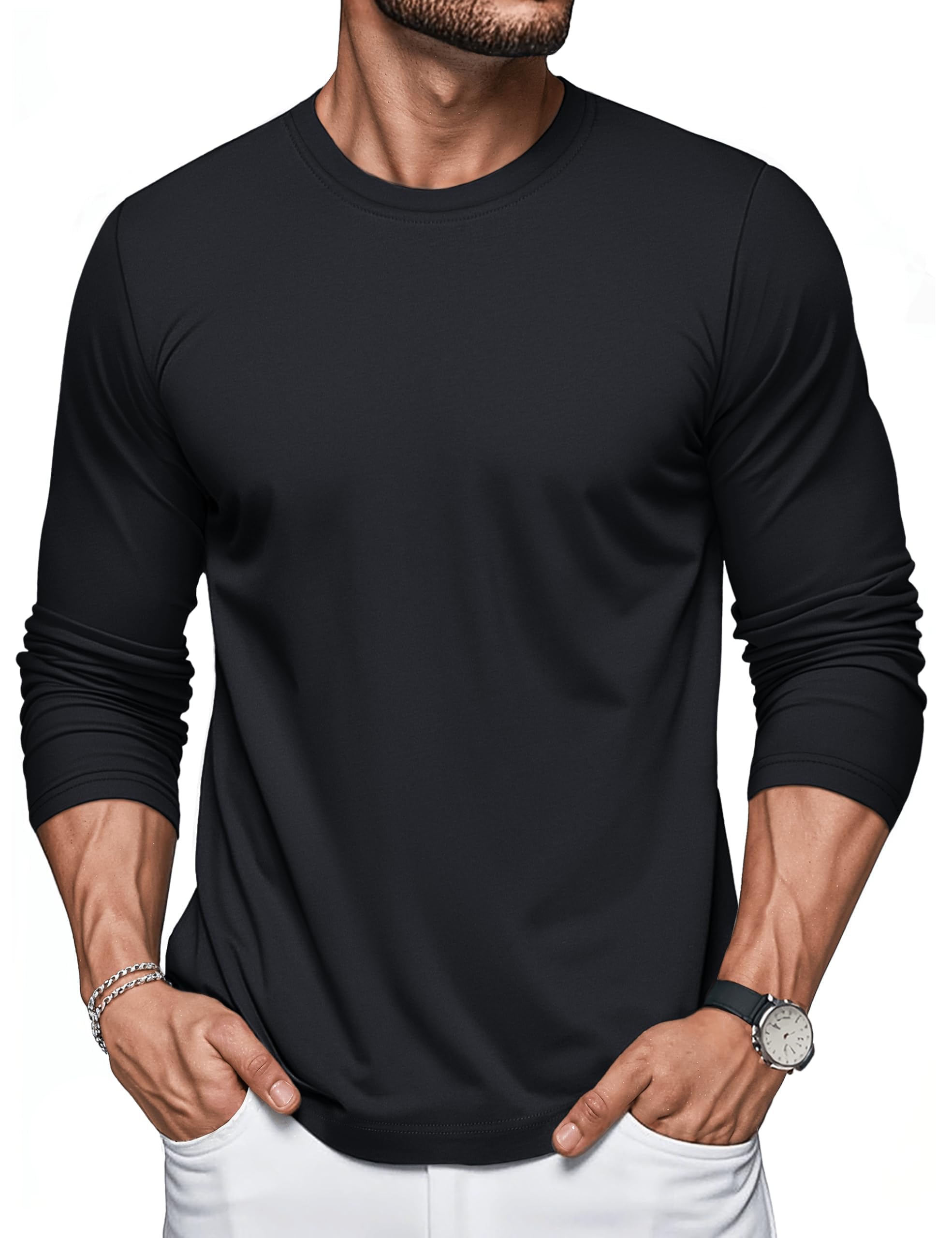 MAGCOMSEN Hommes T-Shirt à Coton Manches Longues avec Encolure Ronde Base Décontractée