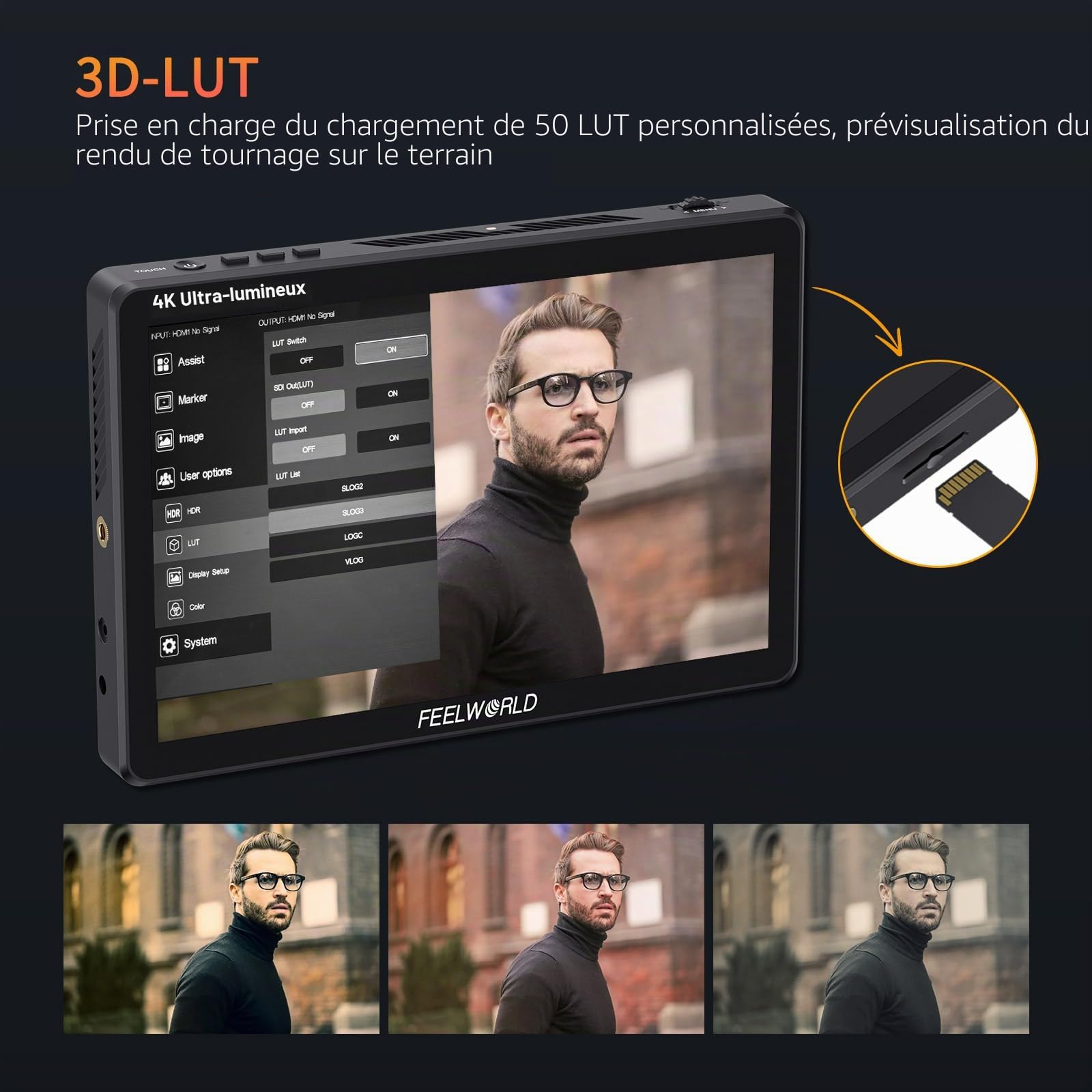 FEELWORLD LUT11H Moniteur d'appareil photo reflex numérique ultra lumineux de 10,1 pouces 2000 nit avec écran tactile forme d'onde LUT F970 Kit d'installation et d'alimentation HDMI entrée sortie