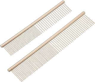 Dog Cat Comb, Pet Combs Stainless Steel Teeth with Rounded Ends for Knots Mats Loose Hair Removal, 6.5/7.5IN (Gold Coated, 2 Pack), Grooming Tool Intended for Long Curly Hair Pet