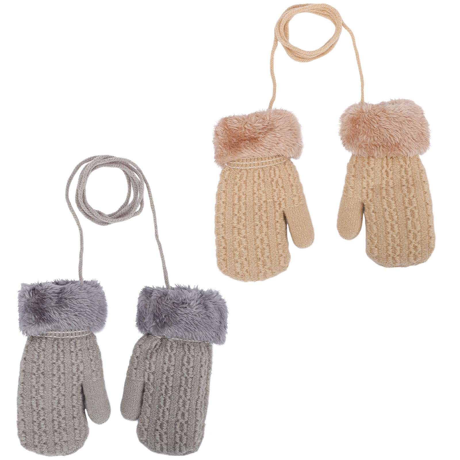 Fjquamitix Women's Beige+Light Grey 2 Pairs Baby Winter Knitted Mittens With String Cute Warm Fleece Lined Gloves Fluffy Mittens For Cold Weather Toddler Girls Boys Age 1-3 Years (Beige+Light Grey)