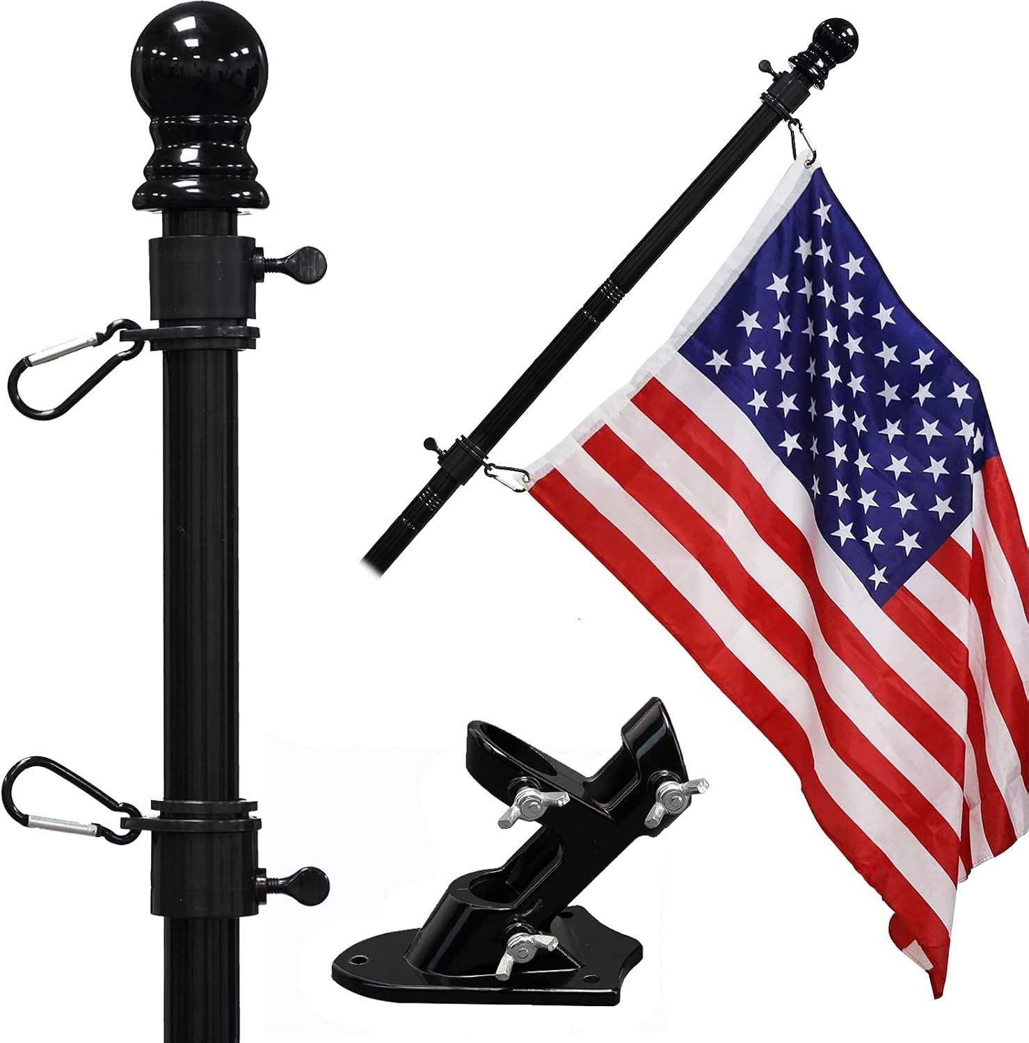 COCOHOME 6FT Flag Pole Kit - 1" Tangle-Free Flagpole with Bracket and 3x5 Embroidered American Flag, Outdoor Spinning House Wall Mount Flag Pole. (Black)