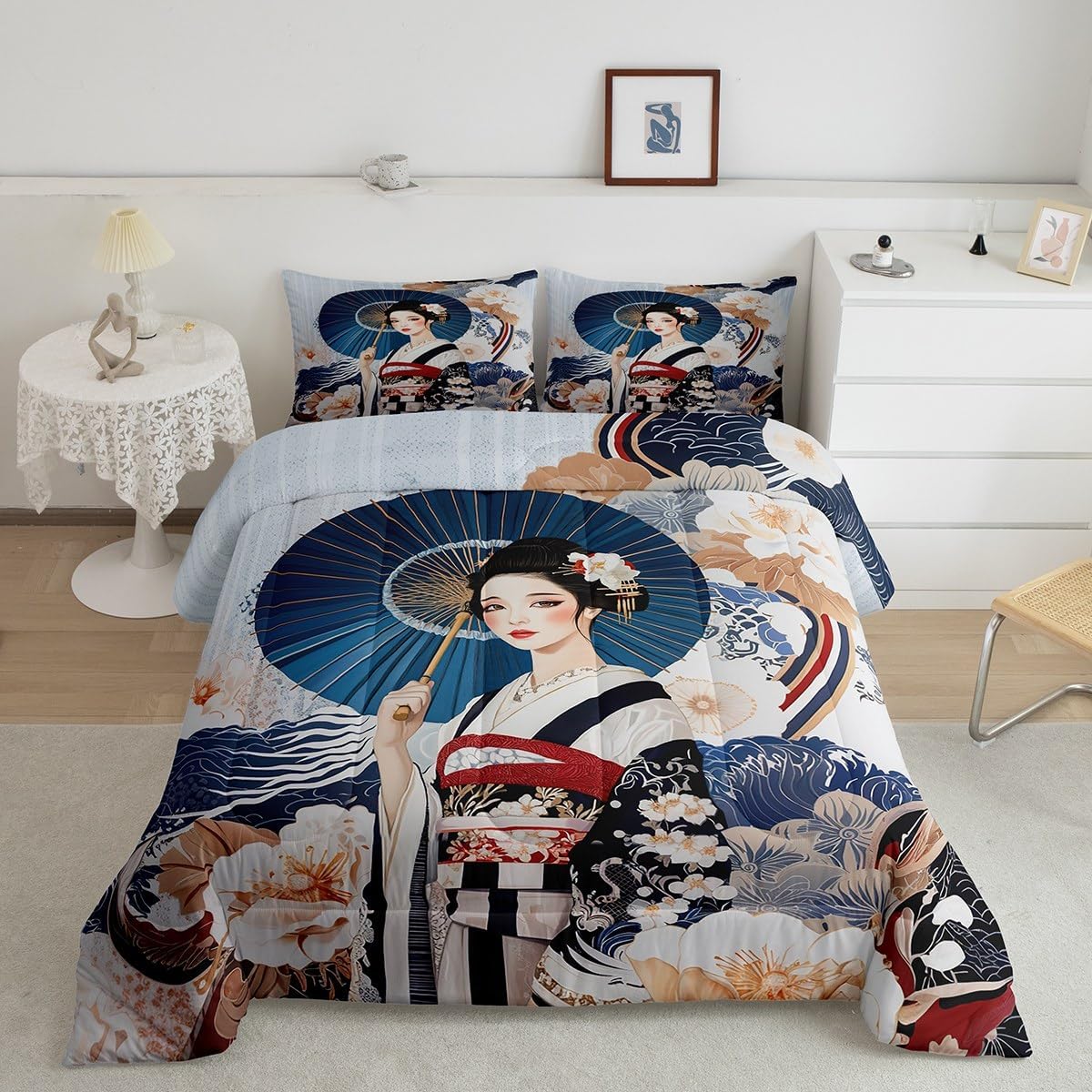 jejeloiu Japan Geisha Comforter Set Queen Size Kids Flower Floral Pattern Bedding Set for Boys Girls Teens Japanese Ocean Wave Style Duvet Quilt Room Decor