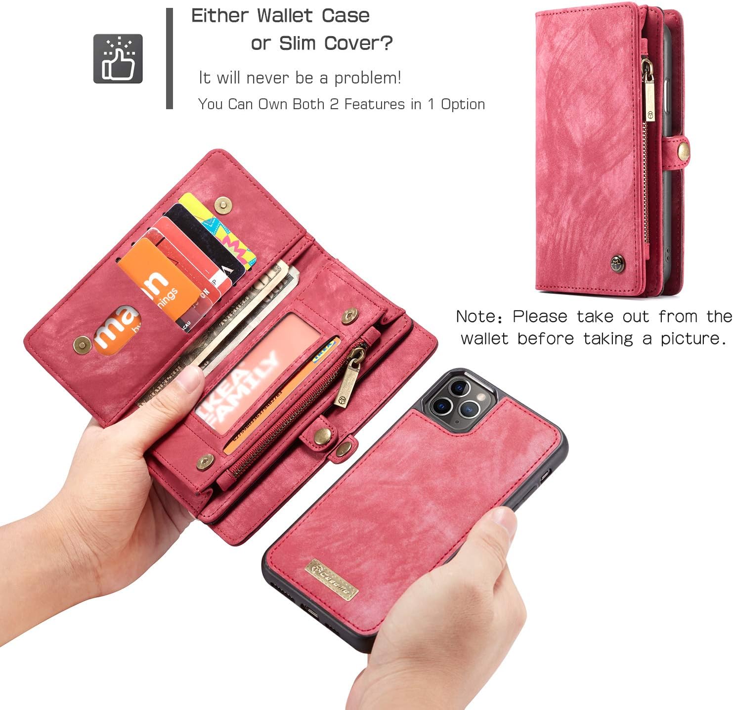 Zttopo Wallet case Compatible with iPhone 12 Pro Max, 2 in 1 Leather Zipper Detachable Magnetic 11 Card Slots Card Slots Money Pocket Cover with Screen Protector Case Wallet 6.7 Inch(Red)