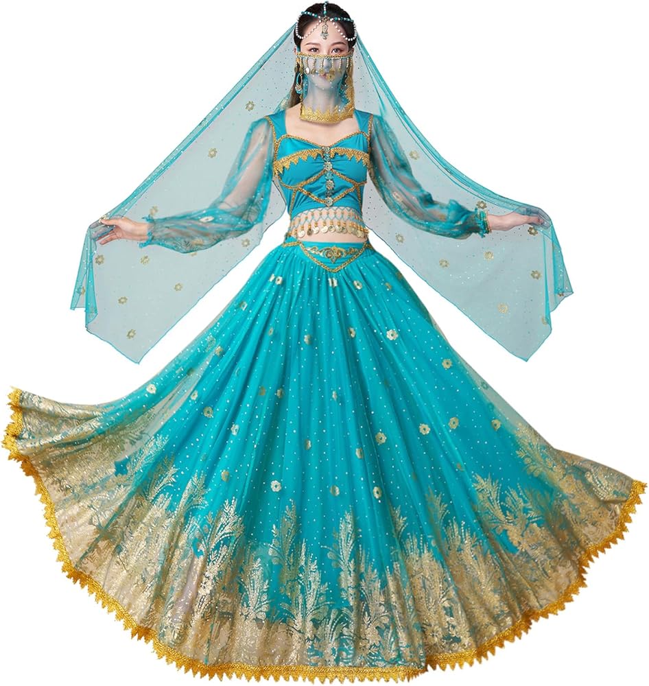 Amazon.com: ELLYDOOR Princess Jasmine Costumes for Women Adult Aladdin Dress  UP Halloween Cosplay Belly Dance Outfit (40jasmine blue, Small) : Clothing,  Shoes & Jewelry