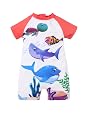 KiddoPanti Girls Shark Printed Swimwear Bodysuit Swimsuit, Neon Peach - 3-4Y