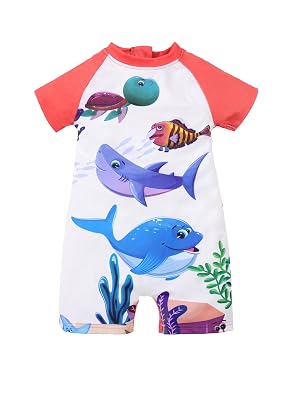 KiddoPanti Girls Shark Printed Swimwear Bodysuit Swimsuit, Neon Peach - 3-4Y