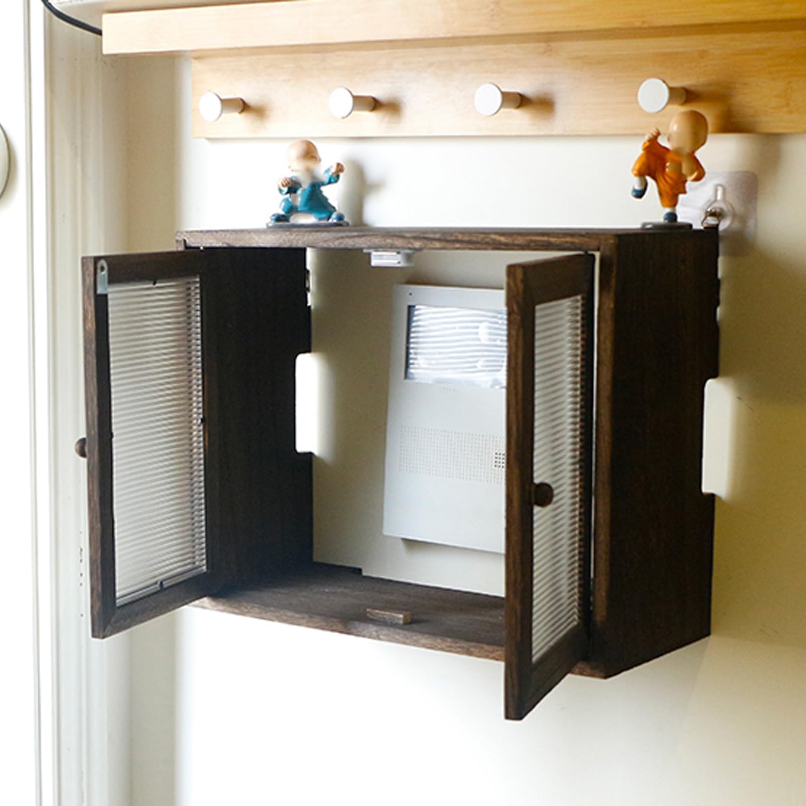 Support mural pour routeur, modem en bois avec 2 portes pour la maison et le bureau, design peu encombrant