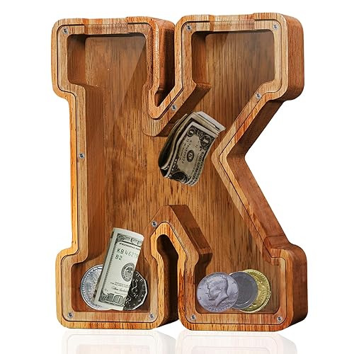 Vista 121 de Customized Name Large Wooden Piggy Bank for Boys Girls Alphabets Letter A-Z Coins Bills Money Change Bank Box Initial on Clear Cover