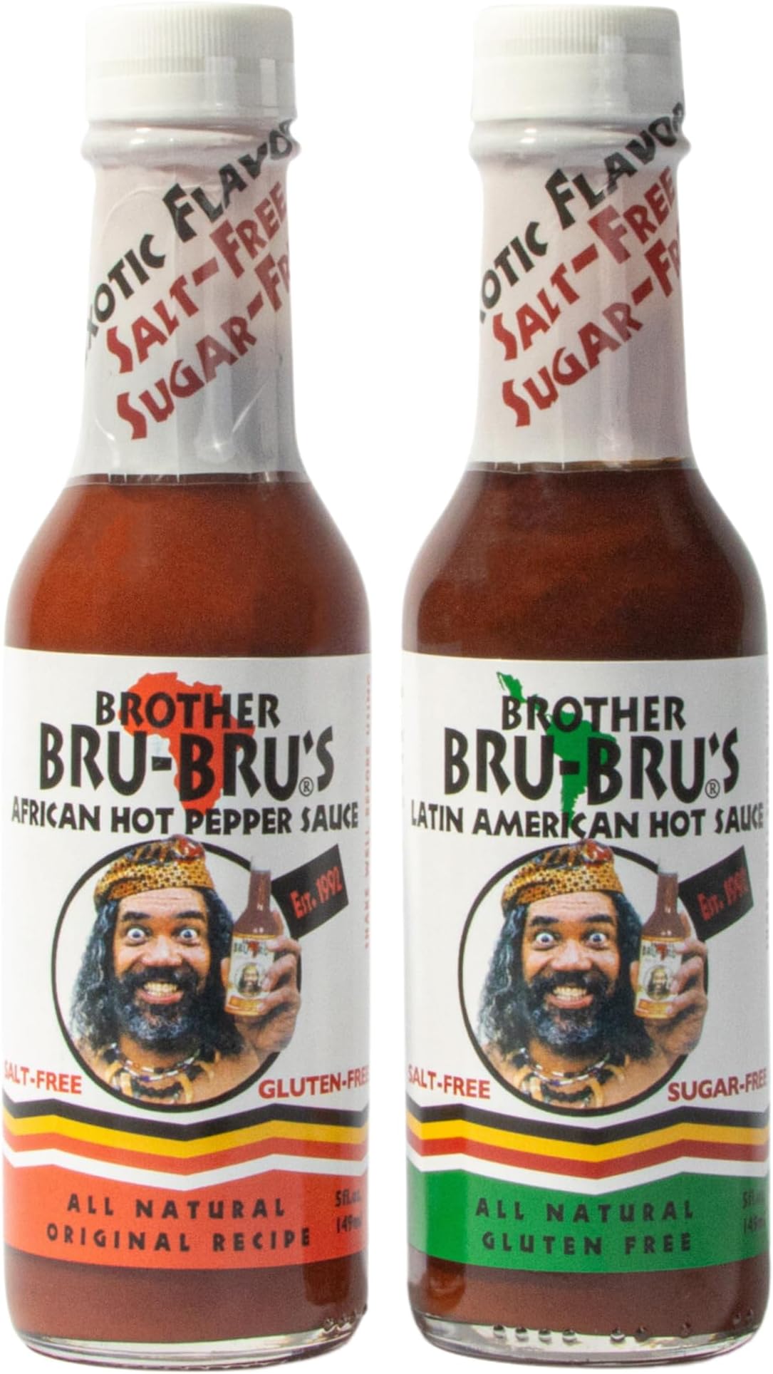Brother Bru-Bru’s Hot Sauce African & Latin Combo – No Sodium, Salt Free, Sugar Free, Gluten Free, Vegan – African Hot Pepper Habanero Sauce, Latin Chili Seasoning & Spices – 5 oz (Pack of 2)