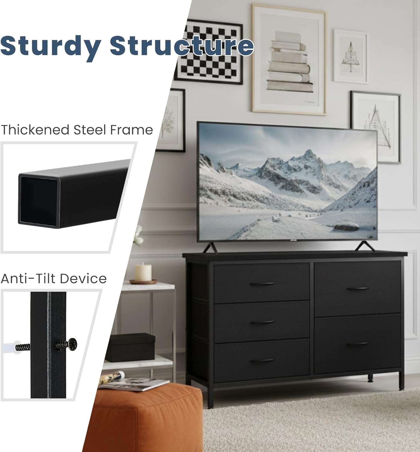 DUMOS TV Stand for Bedroom with 5 Storage Drawers, Fabric Chest of Drawers with Metal Frame, Living Room Storage Organizers Units for Books, TV Stand and Hallway, Modern Black