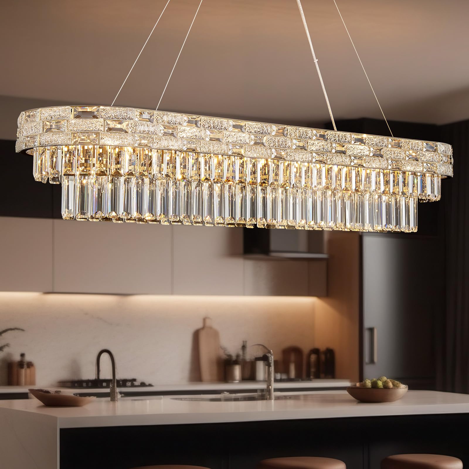 Photo 1 of HUANXISHA 49.2" L Modern Crystal Chandeliers for Dining Room 18 Lights Gold Chandelier Large Rectangle Crystal Chandelier Pendant Light Fixture Kitchen Entryway Living Room 49.2" L x 8.7" H