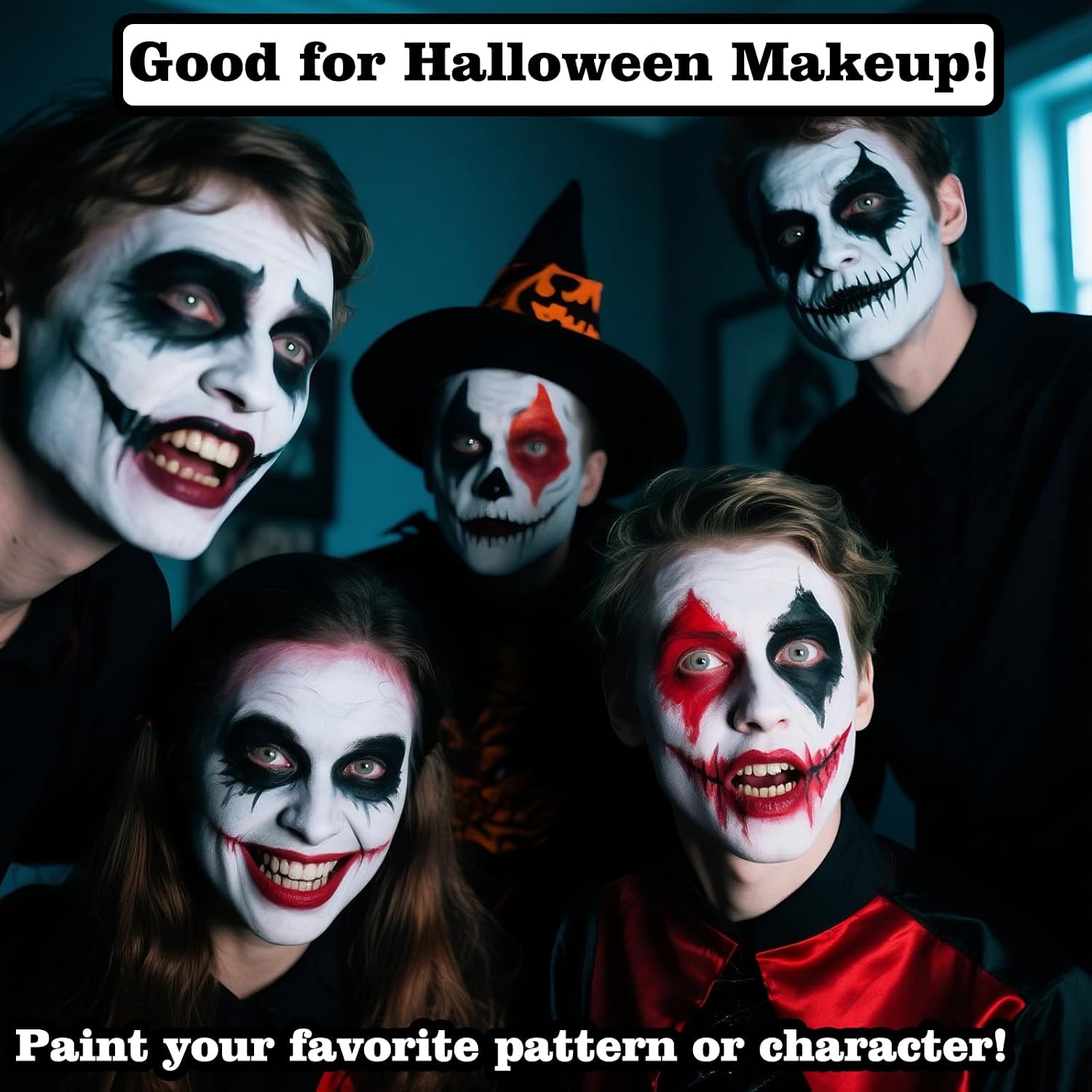 Halloween Makeup Kit Face Body Paint for Adults, White + Black + Red Water-based Face Painting Kit, Body Paint with 3 Brushes for SFX Makeup Party Cosplay Skull Clown Art Theater