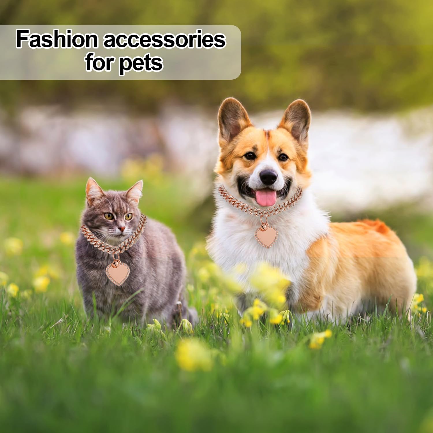 9.84 Inch Dog Chain Collar, Rose Gold Diamond Collar Necklace with Heart Shape Dog Tag Rhinestones Heart Bling Dog Collar Pet ID Tag Chain for Small Medium Large Dogs Cats image 3