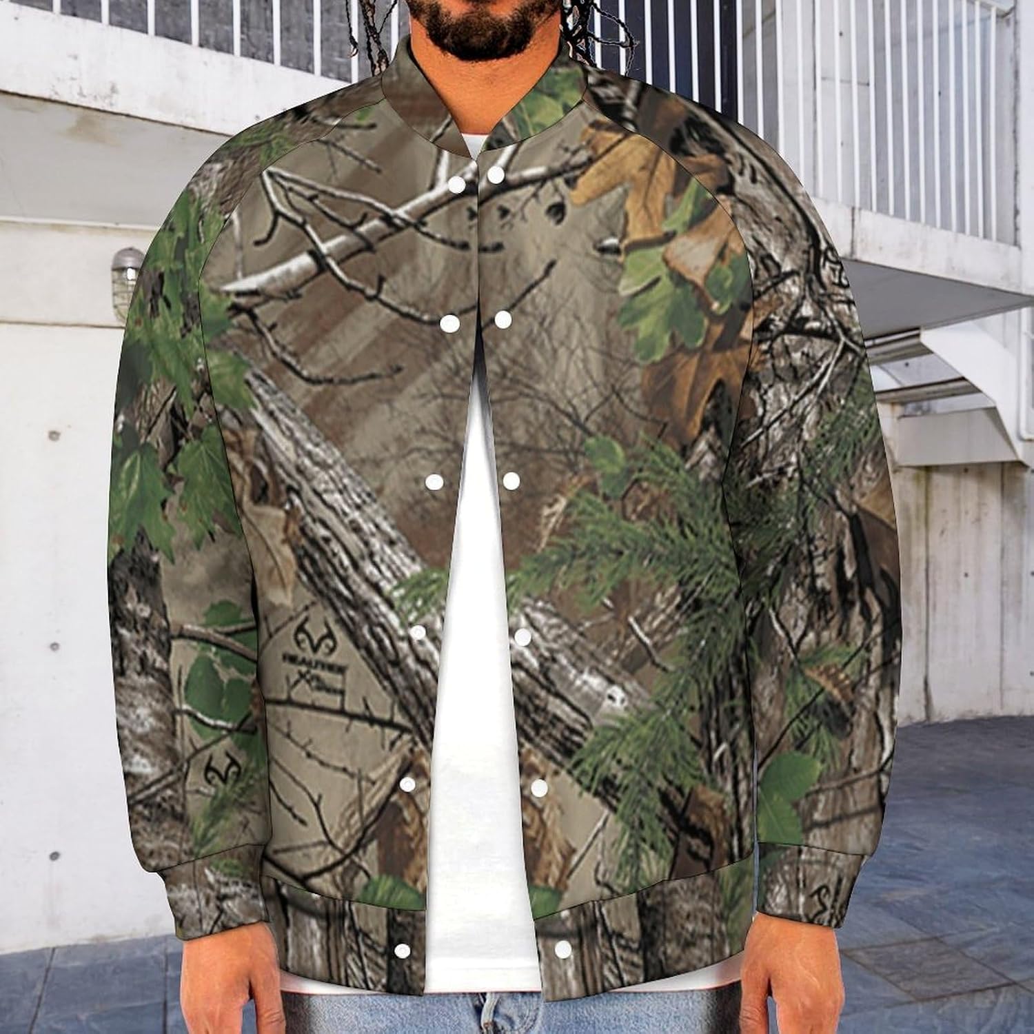 Camouflage Trees Men's Bomber Jacket Baseball Casual Button Coat With Pocket