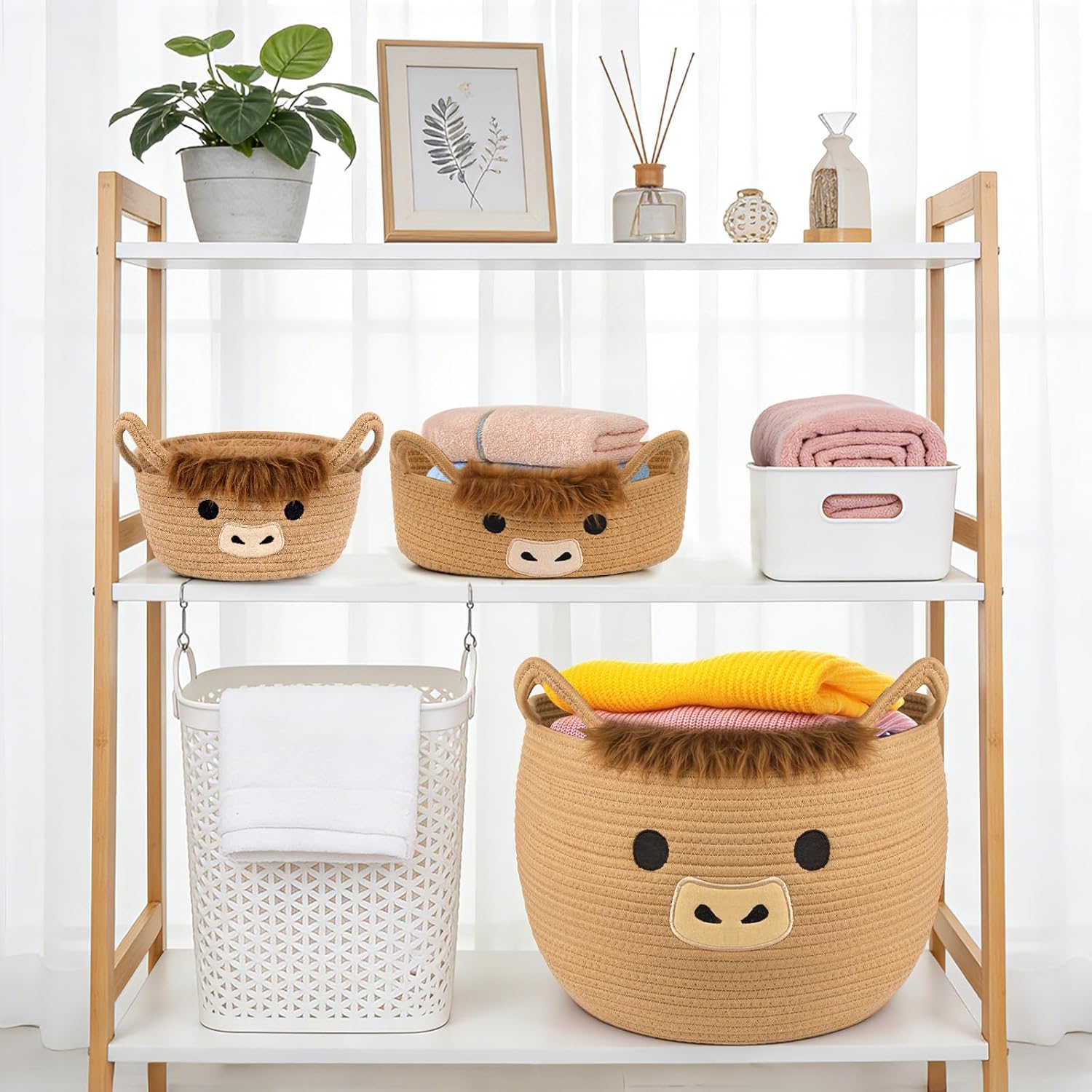 3Pack Highland Cute Cow Storage Baskets Set for Nursery- Small, Oval, Large Woven Gift Basket, Rope Cotton Bins with Handles, Baby Laundry 0rganizer Shower Towel Blanket Clothes (9/12/15In)