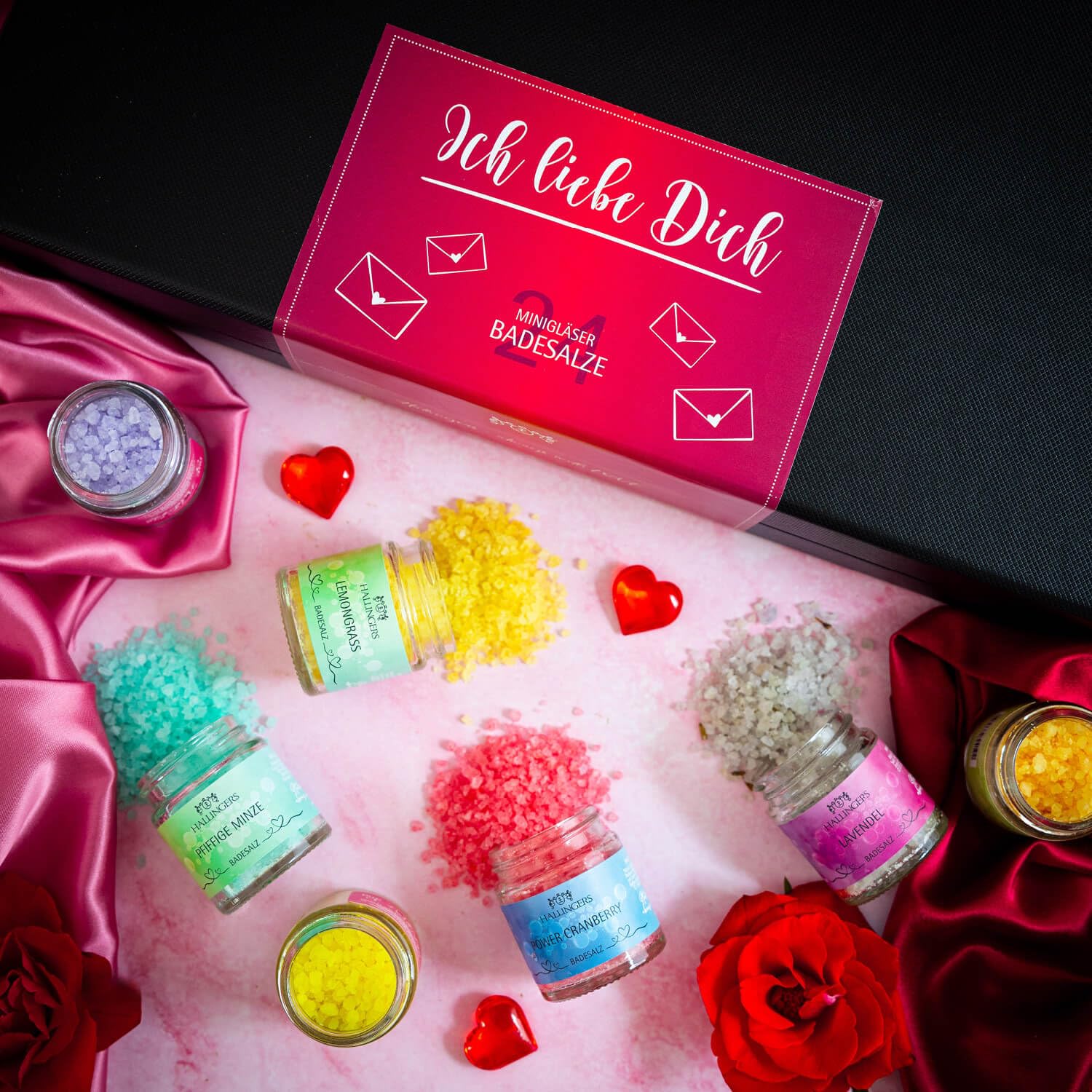 Hallingers Genuss Manufaktur Badesalze Valentinstagsgeschenk-Set - 24x Badezusatz mit Totes Meer Badesalz edle Geschenkbox, Badekristalle Fußbad & Spa "Ich Liebe Dich", Valentintstag für Frauen Männer