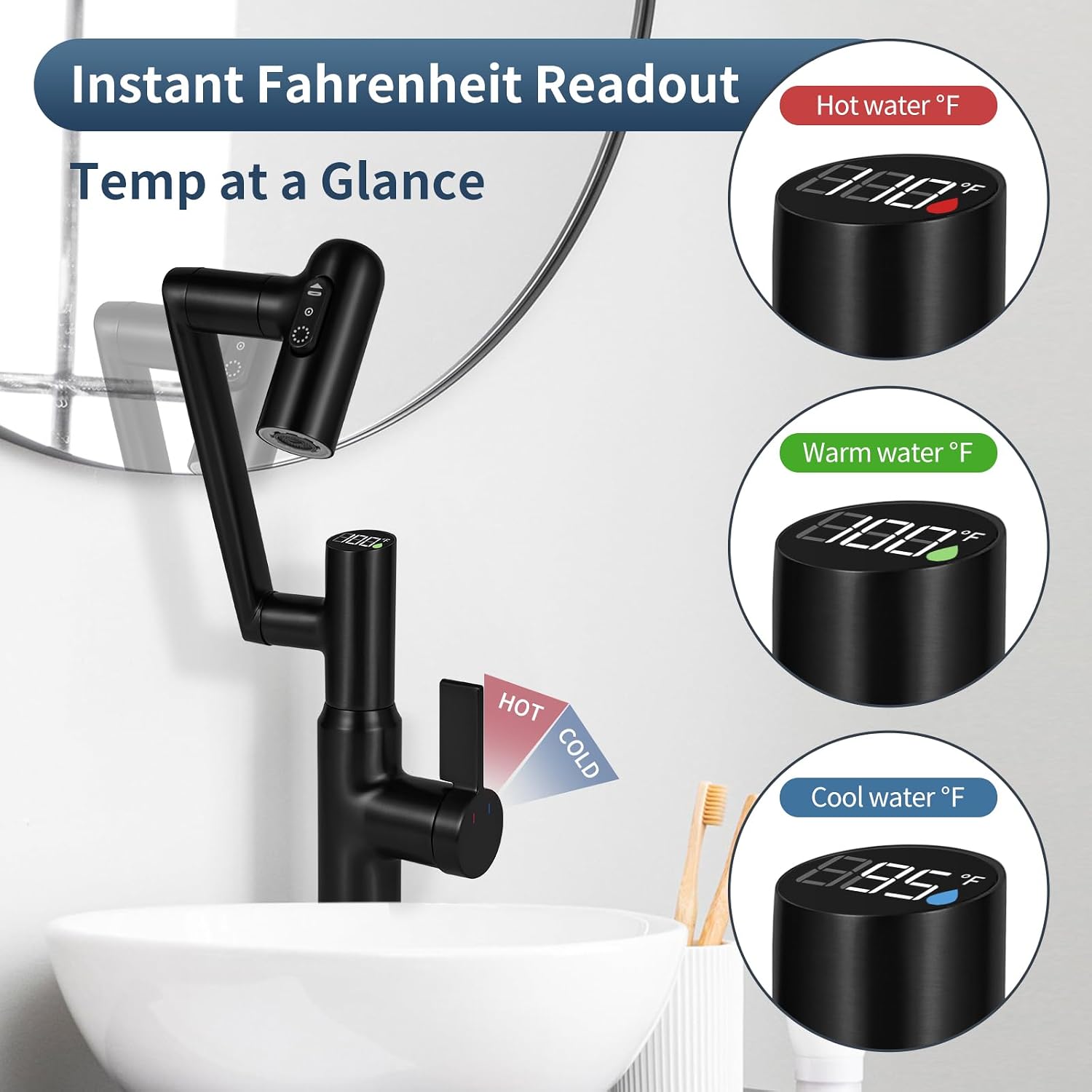 Rotatable Bathroom Sink Faucet, Matte Black, 1080 Rotating Arm, Fahrenheit Temperature Display, Single Hole Widespread, Metal, Modern Style