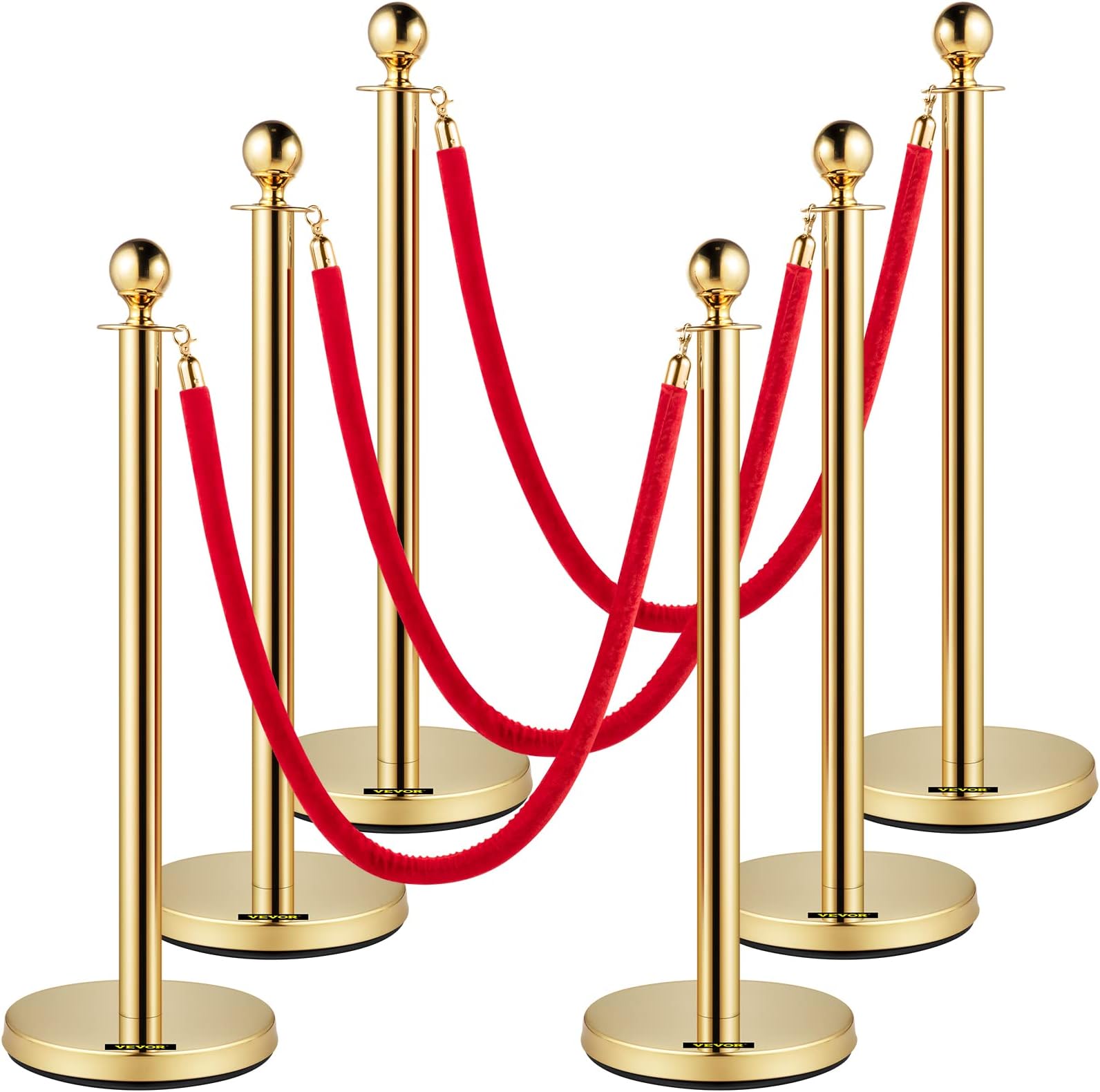 VEVOR Velvet Ropes and Posts, 5 ft/1.5 m Red Rope, Stainless Steel Gold Stanchion with Ball Top, Red Crowd Control Barrier Used for Theaters, Party, Wedding, Exhibition, Ticket Offices Pack Sets (6)