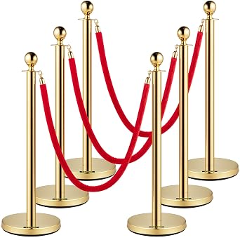 VEVOR Velvet Ropes and Posts, 5 ft/1.5 m Red Rope, Stainless Steel Gold Stanchion with Ball Top, Red Crowd Control Barrier Used for Theaters, Party, Wedding, Exhibition, Ticket Offices Pack Sets 6