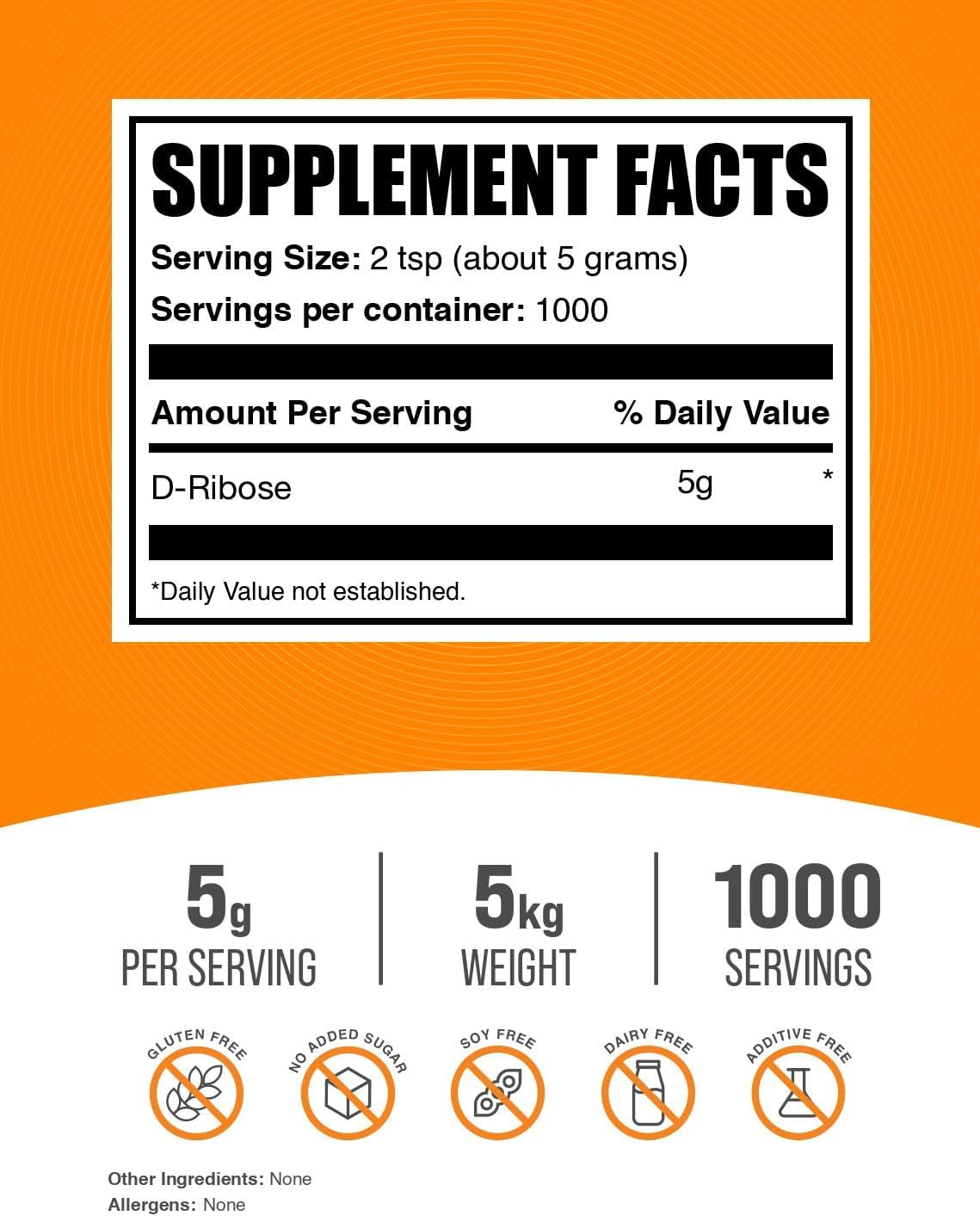 BulkSupplements.com D-Ribose Powder - D-Ribose Supplement, for Energy Support - Unflavored & Gluten Free, 5g per Serving, 1kg (Pack of 5) (11 lbs)