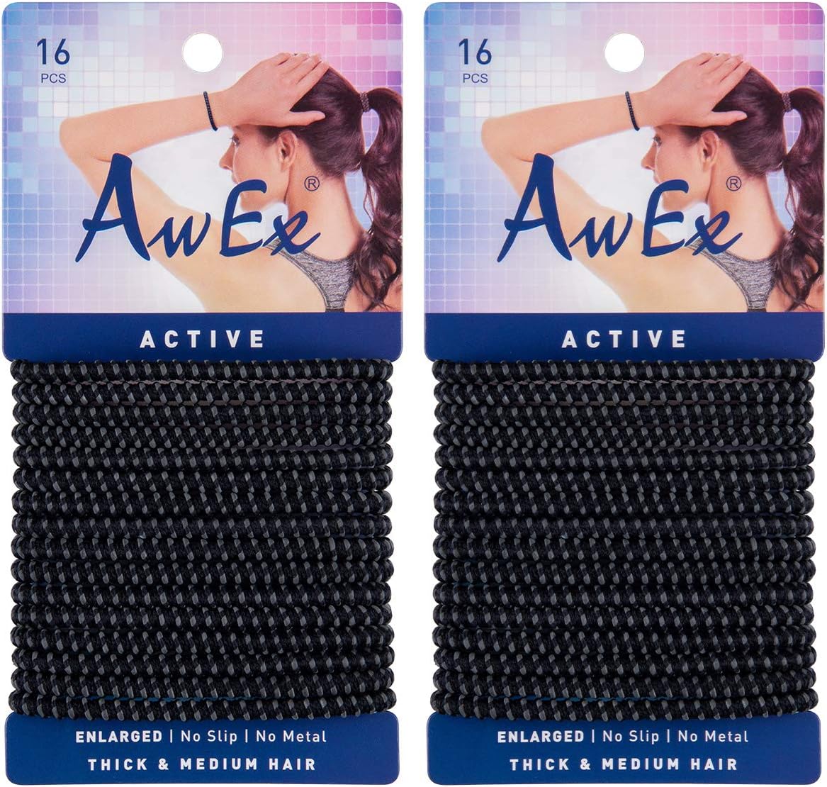 AwEx No Slip Black Hair Ties(ENLARGED), 32 PCS, 4 mm(0.16 inch) Thick and 160 mm(6.3 inches) Long Hair Elastics,Active Ponytail Holder,Sports Hair Bands,Slide Proof Binders