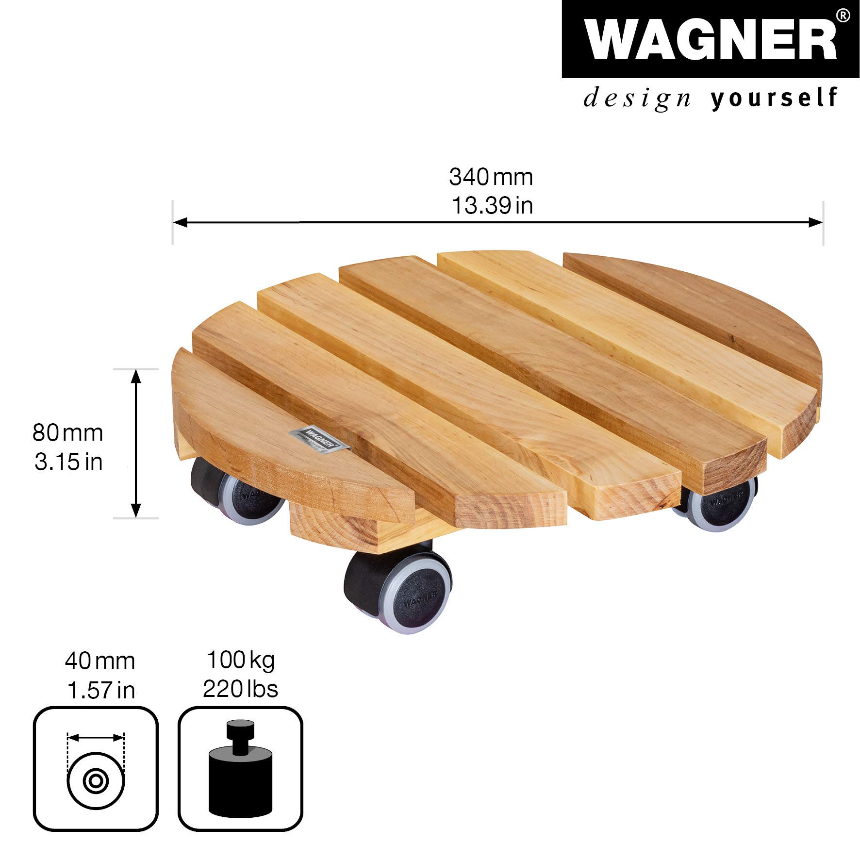 Wagner Soporte con Ruedas para Plantas Nature Ø 34 x 8 cm I para Interior I Carro para Flores en Madera de saúco FSC®, aceitado Natural I Capacidad de Carga 100 kg I 20026201