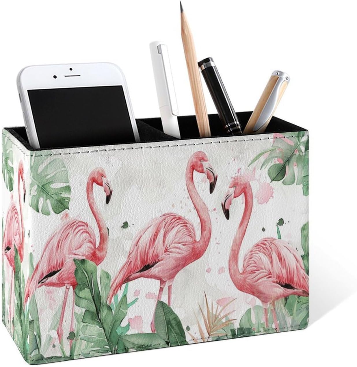 Famame Tropical Leaves Plants Flamingos Pencil Holder for Desk, Leather Desktop Container Pen Cup Storage Study Table Pen Organizer Makeup Brushes Holder for Office Home