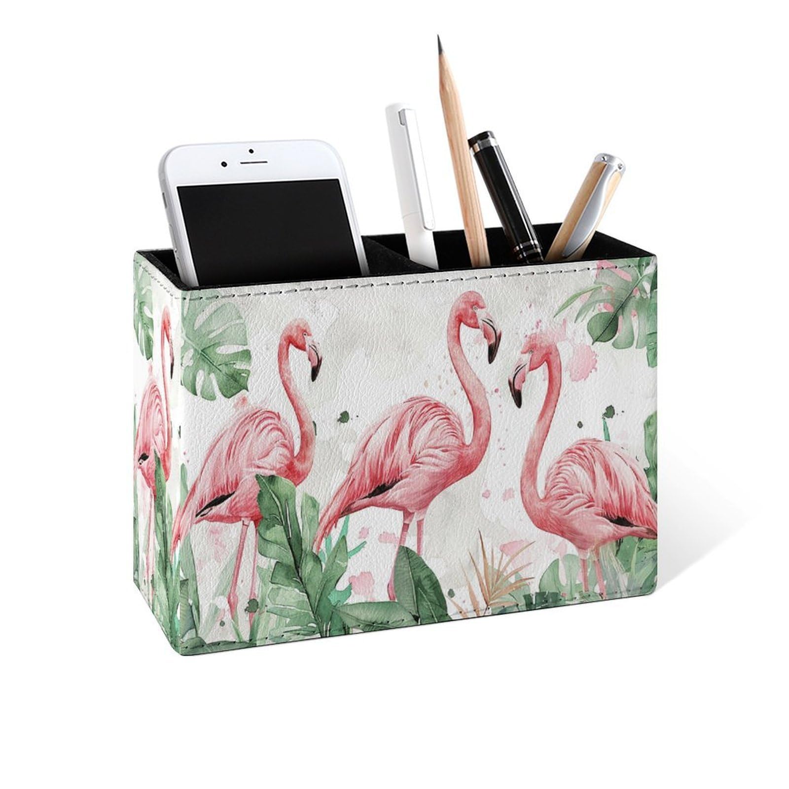 Famame Tropical Leaves Plants Flamingos Pencil Holder for Desk, Leather Desktop Container Pen Cup Storage Study Table Pen Organizer Makeup Brushes Holder for Office Home