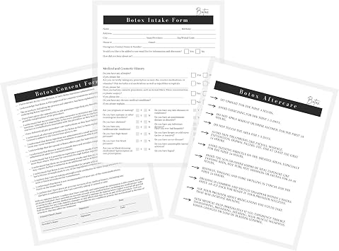 Botox Intake, Consent, and Aftercare Form | 75 Pack | 8.5 x 11" A1 Forms | Clients Signature | Client Forms Bundle | Black and White Minimalist Design Neurotoxin Filler Injection