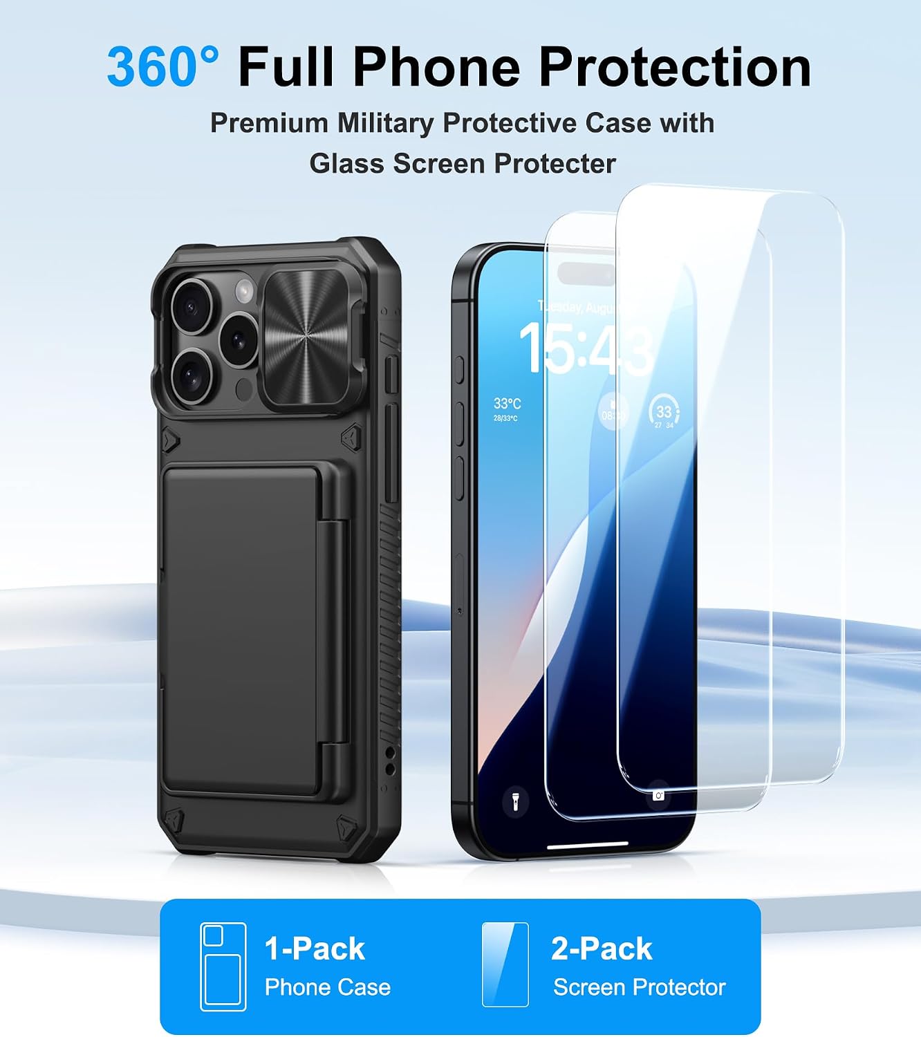BXYJY for iPhone 16 Pro Max Case Wallet with Screen Protector (Tempered Glass), Card Holder (4-5 Cards), Slide Camera Cover, Military Grade Drop, Heavy Duty Men Women Case for iPhone 16 Pro Max, Black