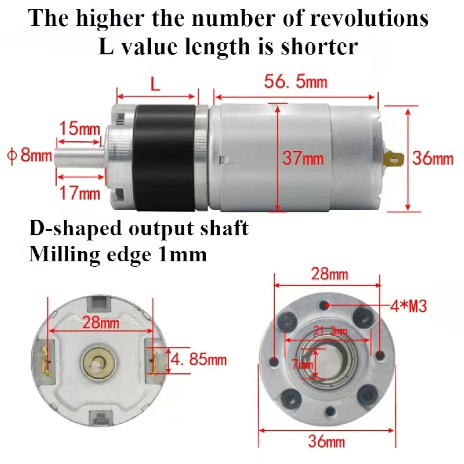 36-555 Planetary Gear DC Motor, Brushed Permanent Magnet, 8mm Shaft, Ultra-High Torque, Totally Enclosed, Low-Noise (12V 16rpm)