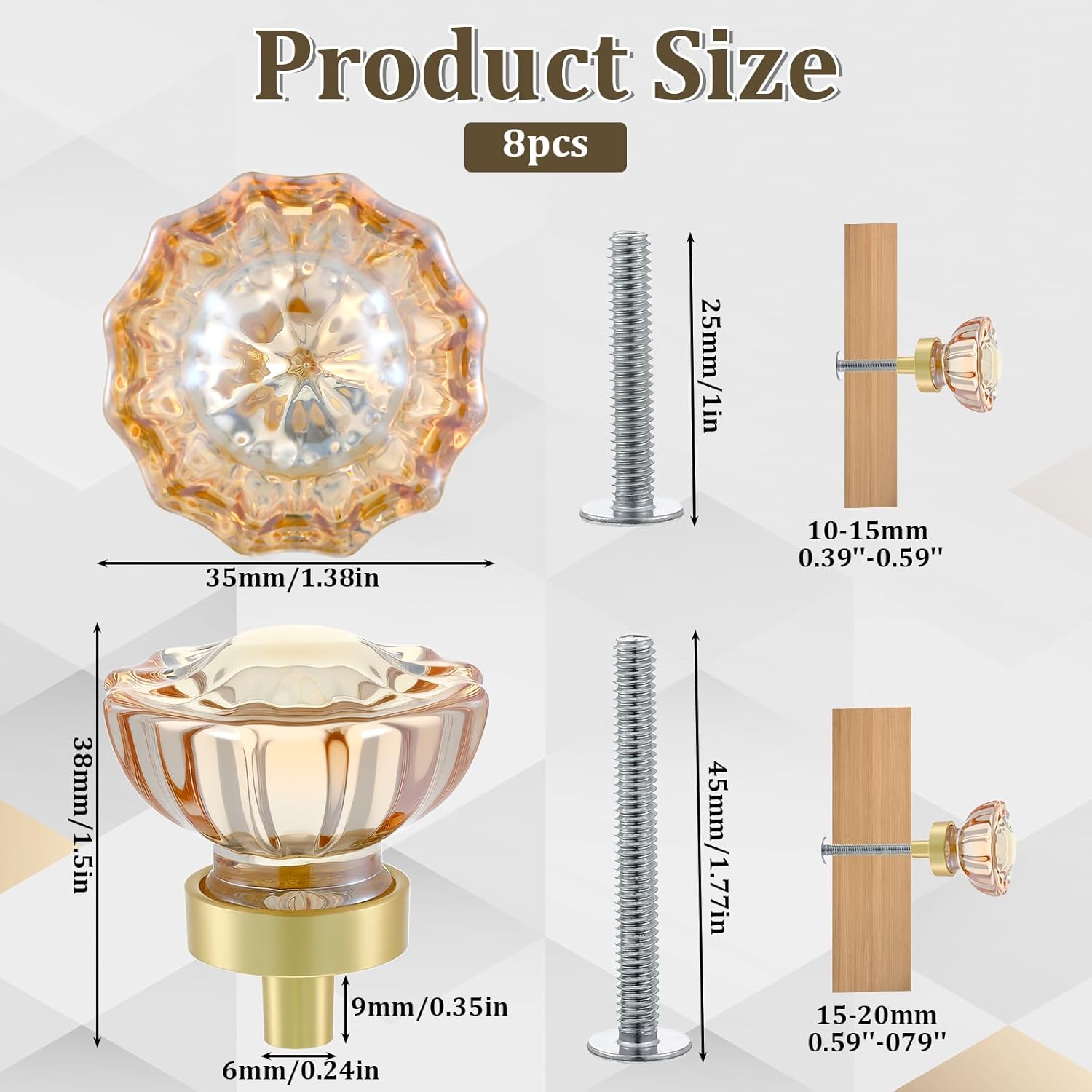 8 PCS Champagne Crystal Cabinet Knobs, 1.38" Diameter Gold Cabinet Glass Knobs with Brushed Gold Base Decorative Flower Knob for Kitchen Cupboard, Closet, Bathroom, Dresser Drawers