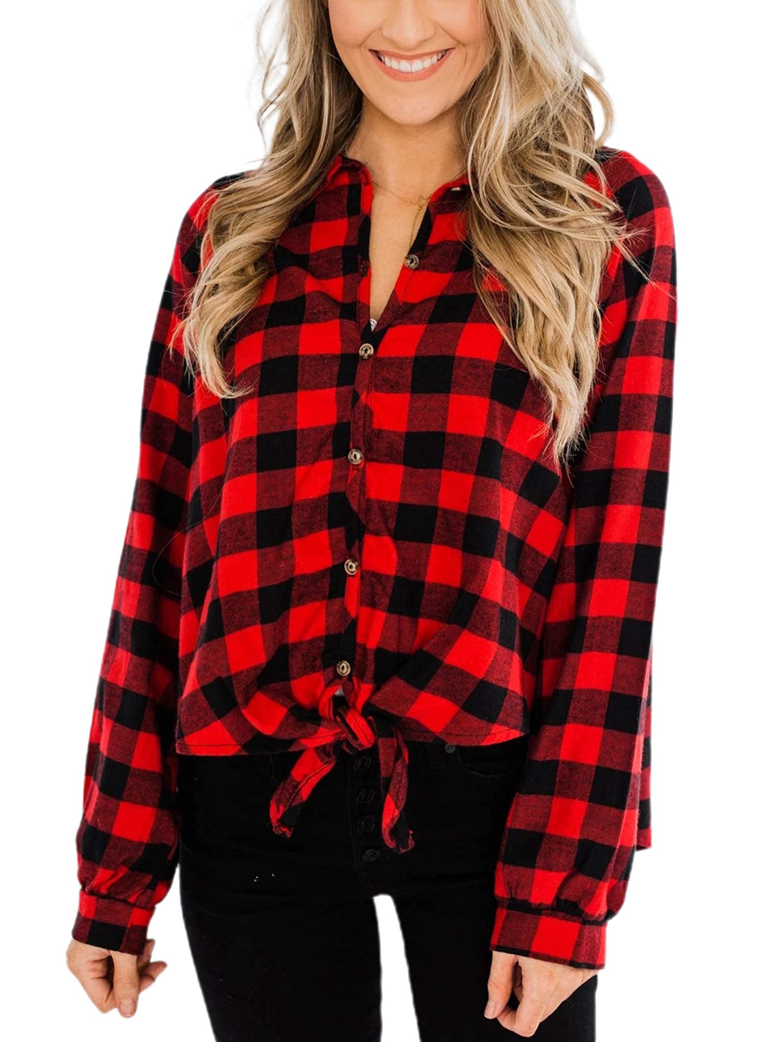 Remidoo Women's Long Sleeve Tie Knot Collared Button Down Plaid Flannel Shirt