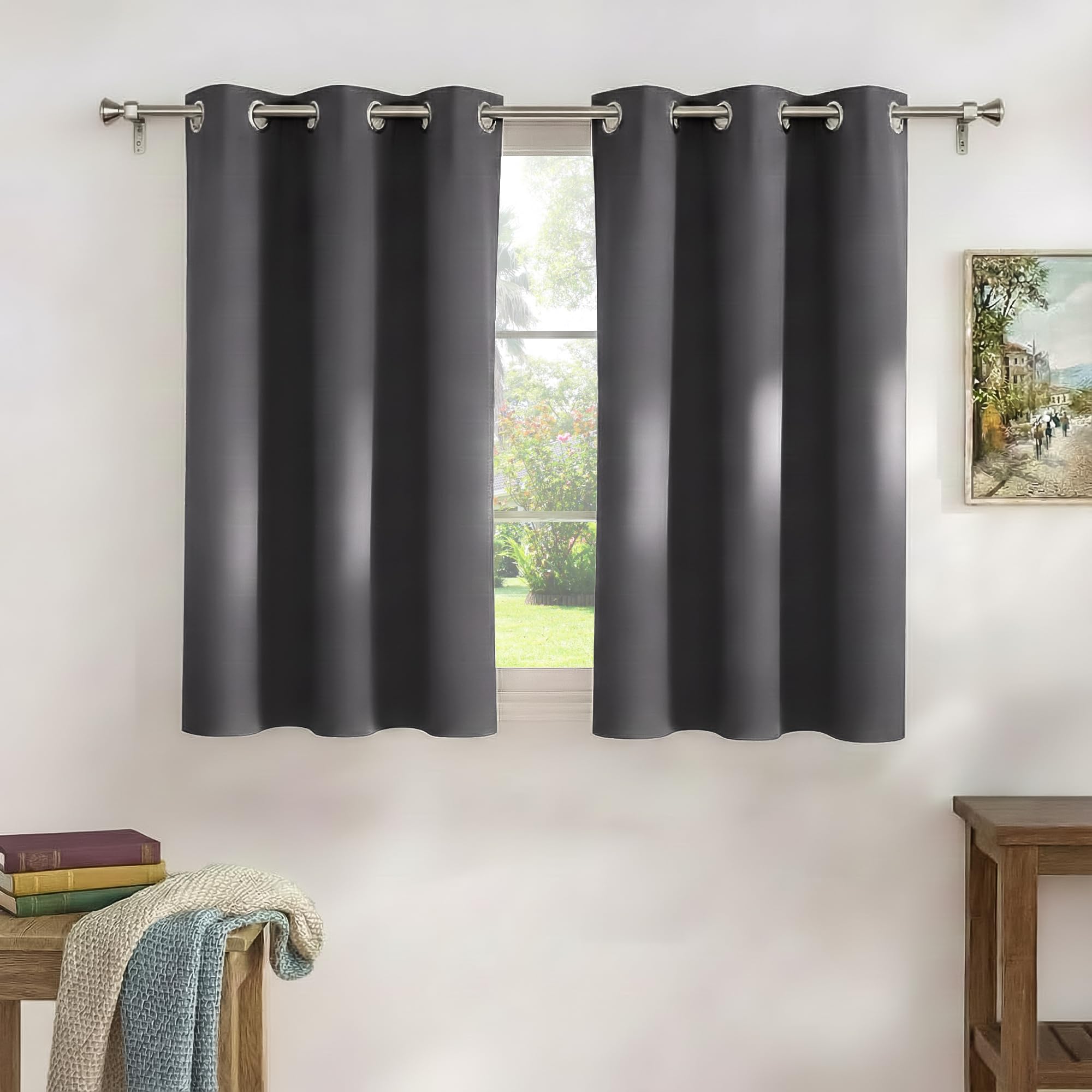 PONY DANCE Short Gray Blackout Curtains for Kitchen Over Sink 36 inch Long, Thermal Insulated Black Out Cafe RV Bunk Panels, Grommet Drapes for