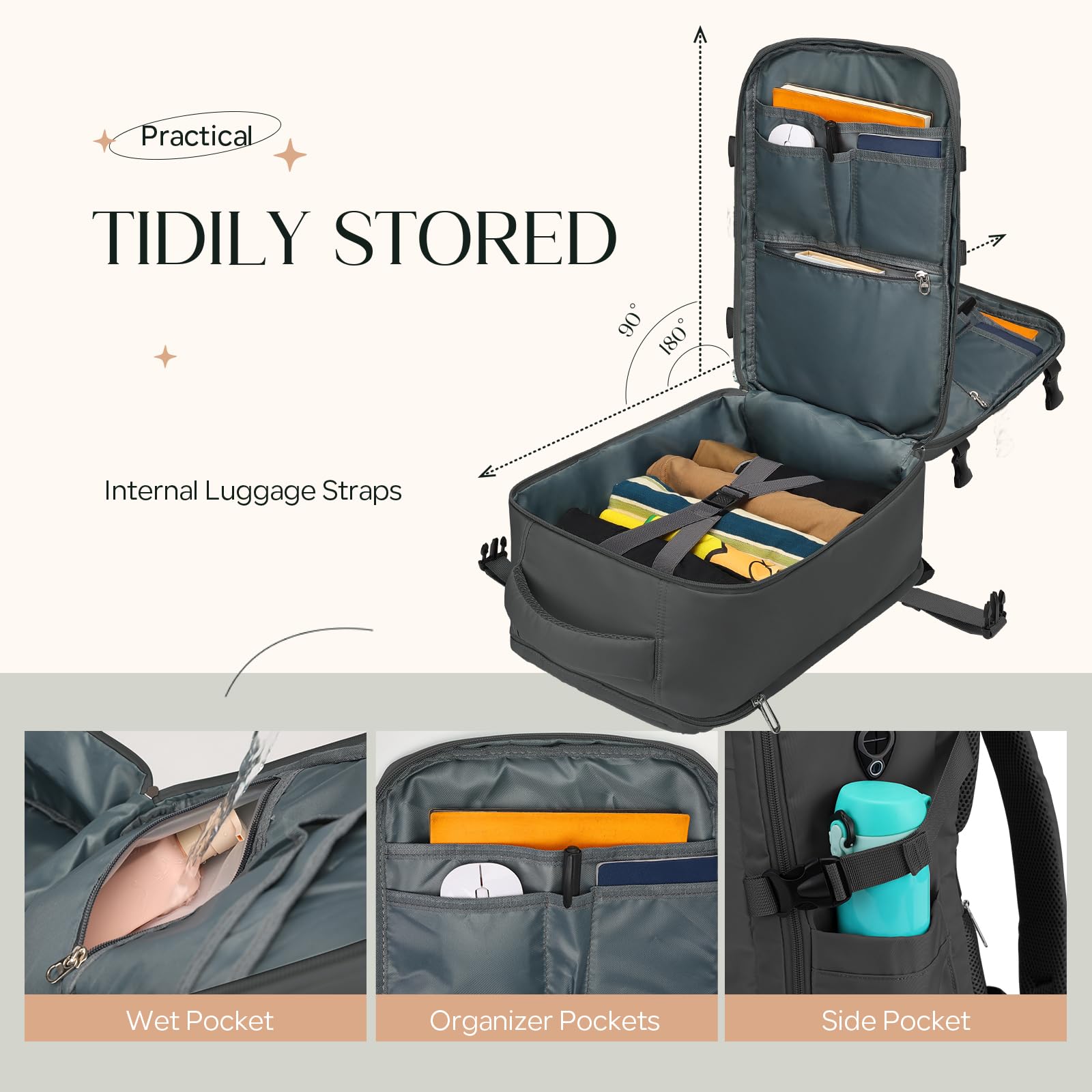 für Ryanair Handgepäck 55x40x20,Rucksack Handgepäck,Reiserucksack Handgepäck Flugzeug,44L,mit 17.3" Laptopfach und Diebstahlschutztasche,Unisex,Schwarz