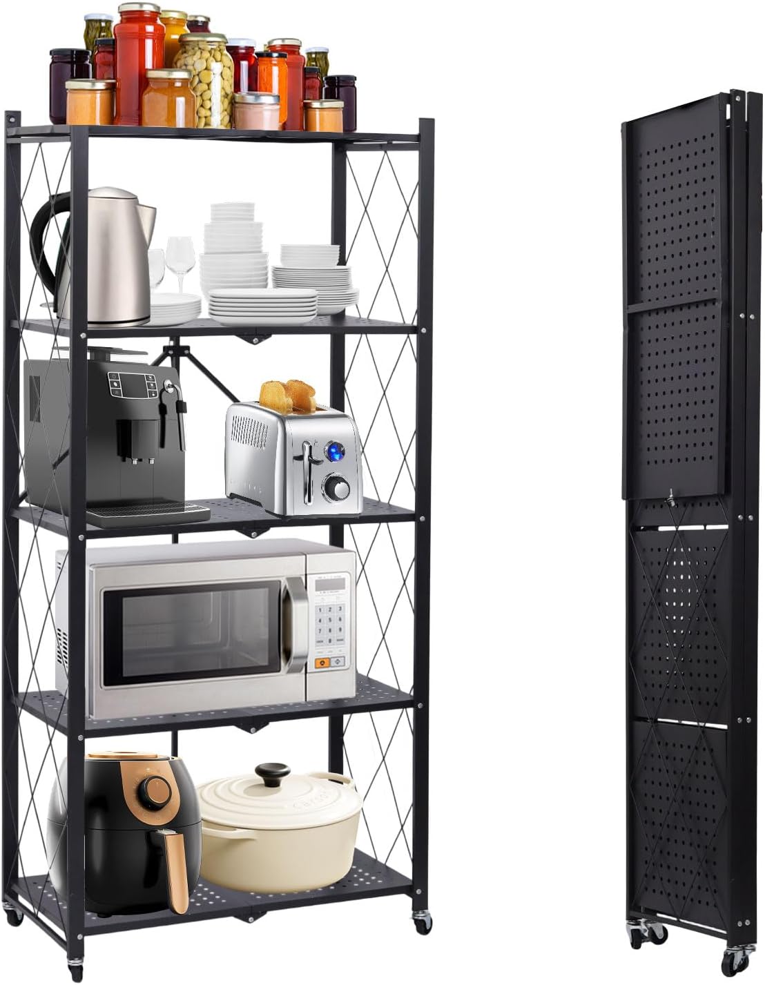 3 Tier Foldable Storage Shelf with Wheels, Heavy Duty Collapsible Metal Shelf Rack Folding Bookshelf, No Assembly Rolling Cart for Kitchen, Pantry, Closet, Office, Bathroom, Garage Organizer, Black