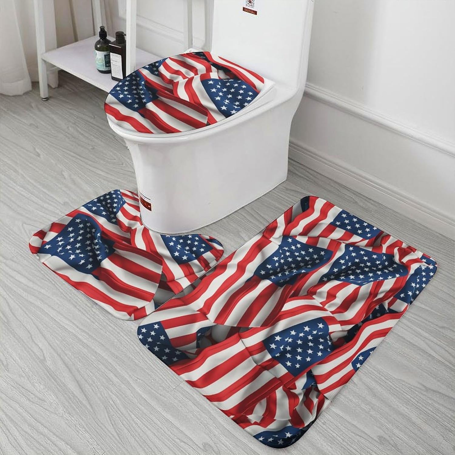 Anti-Skid Floor Mats 3 Piece Set,USA Flag Printed Coral Fleece Bathroom Mats U-Shaped Contour Mat Toilet Seat Cover for Bathroom, Tub, Shower, Kitchen 19.7"x31.5"