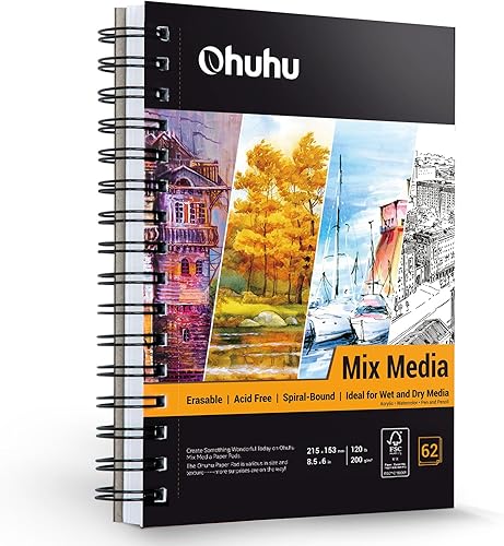 Vista 22 de Ohuhu Mix Media Pad, cuaderno de bocetos de arte mixto de 10 x 7.6 pulgadas, papel pesado de 120 lb/200 g/m², 62 hojas/124 páginas, cuaderno
