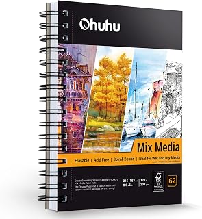 Ohuhu Mix Media Pad, 8.5"x6" Mixed Media Art Sketchbook, 120 lb/200 gsm Heavyweight Papers, 62 Sheets/124 Pages, Spiral Bound Mixed Media Paper Pad for Acrylic, Painting Christmas Gift