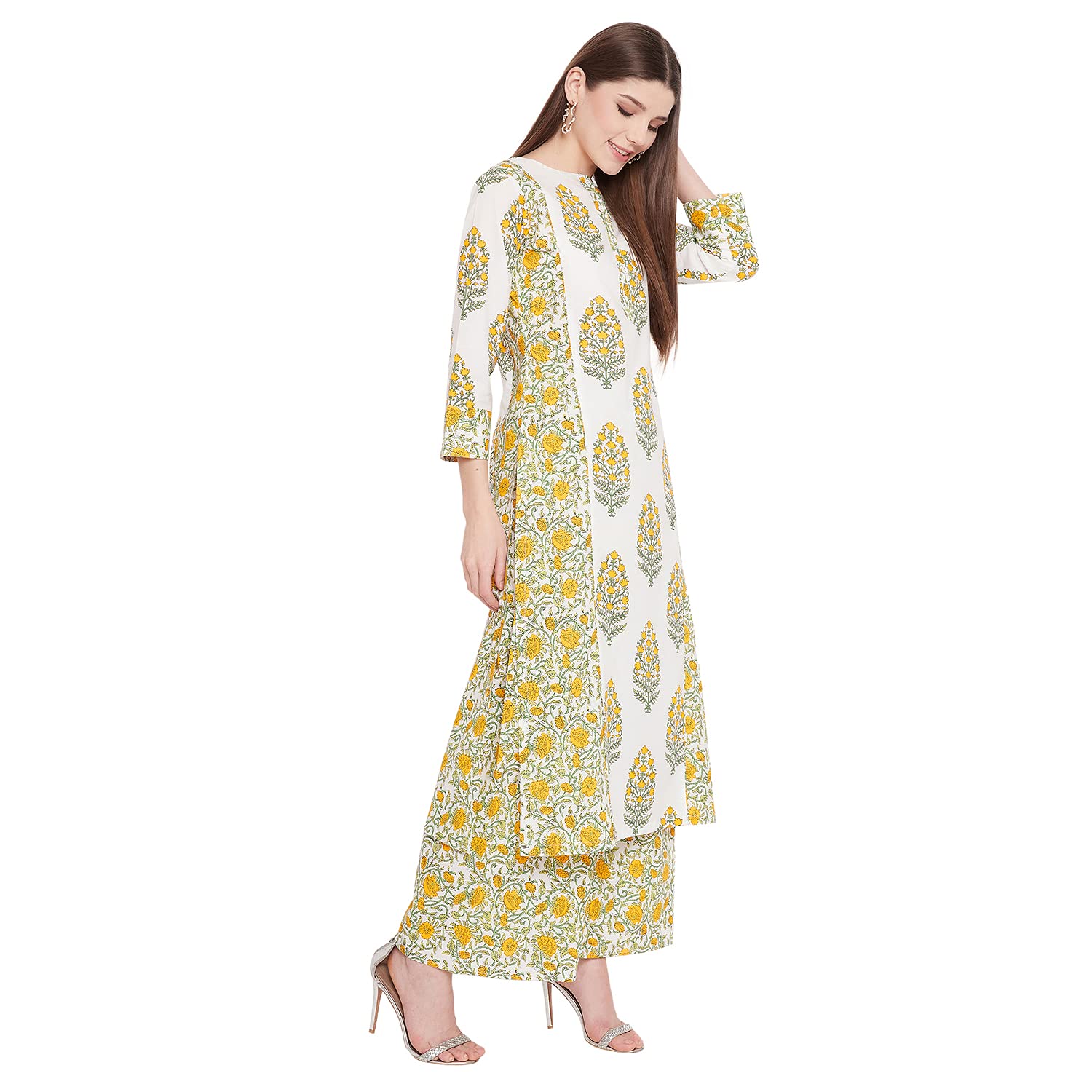 Tissu Women's White & Yellow Printed Straight Kurta With Printed Palazzos (White_S)