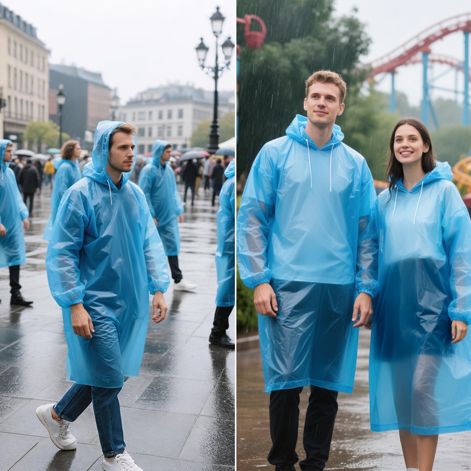 4/6PCS Regenponcho Einweg, Wasserdicht Regenmantel für Damen und Herren, Durchsichtige Regencape mit Kapuze und Ärmeln für Festivals, Angeln, Themenparks, Camping (Blau)