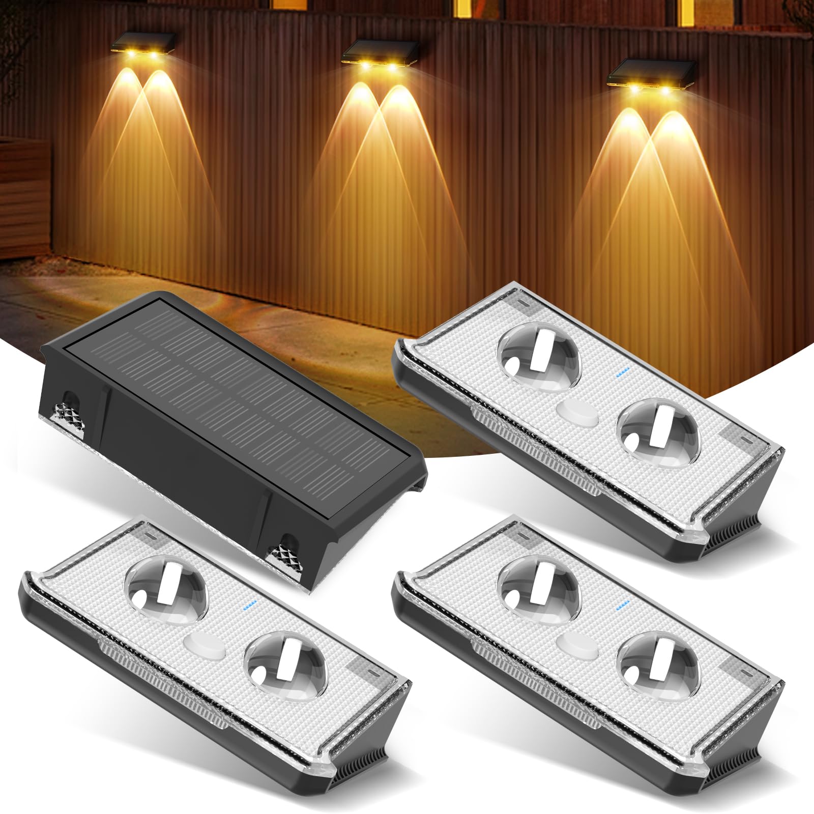 Luces Solares LED Exterior Jardin Pared, 4 Piezas Aplique Solar Pared 3 Modos de Colores Luz Calida/Fría/Neutra, IP65 Impermeable Lamparas Solares Lampara Luz Solar Exterior para Jardín Patio