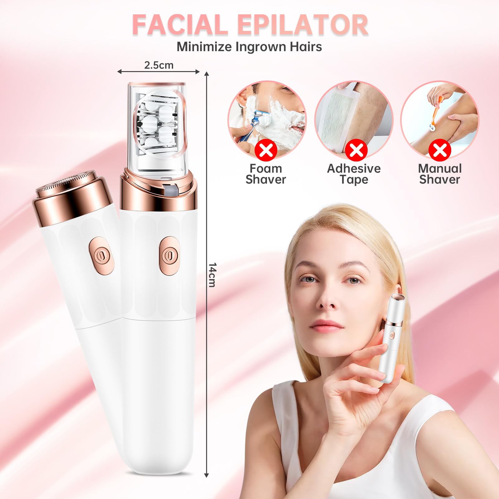 Epilatore Aischen per Donne, Epilatore Elettrico USB per il Viso, Rimozione Peli Facciali per Donne, Epilatore Corpo Indolore per Guance, Mento, Braccia e Ascelle