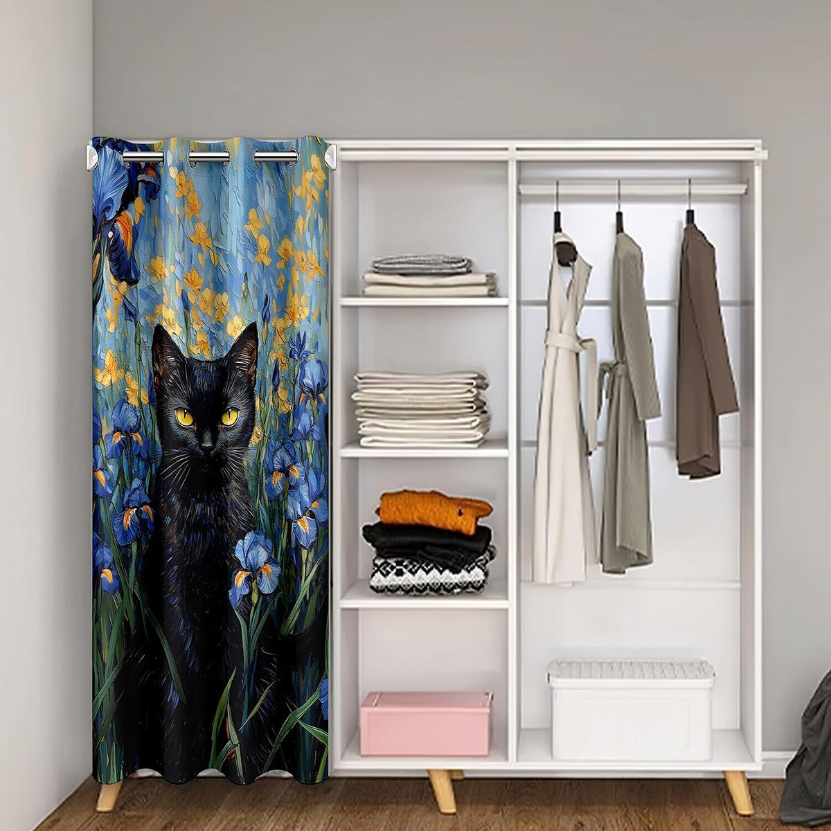 Black Cat Closet Door Cover Curtain 34x80 Inch 1 Panel,Blue Floral Black Cat Door Curtain for Doorway Privacy,Kids Boys Girls Decor,Vintage Animal Black Cat Blackout Curtain,Cute Cat