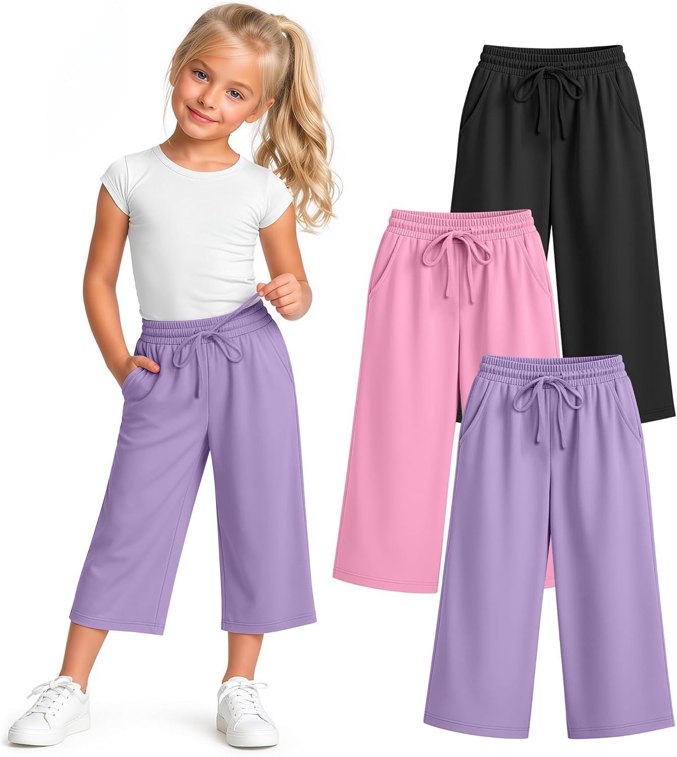 3 Pack Girls' Capri Pants Kids Drawstring Capris Cropped Pants Workout Summer Sweatpants with Pockets