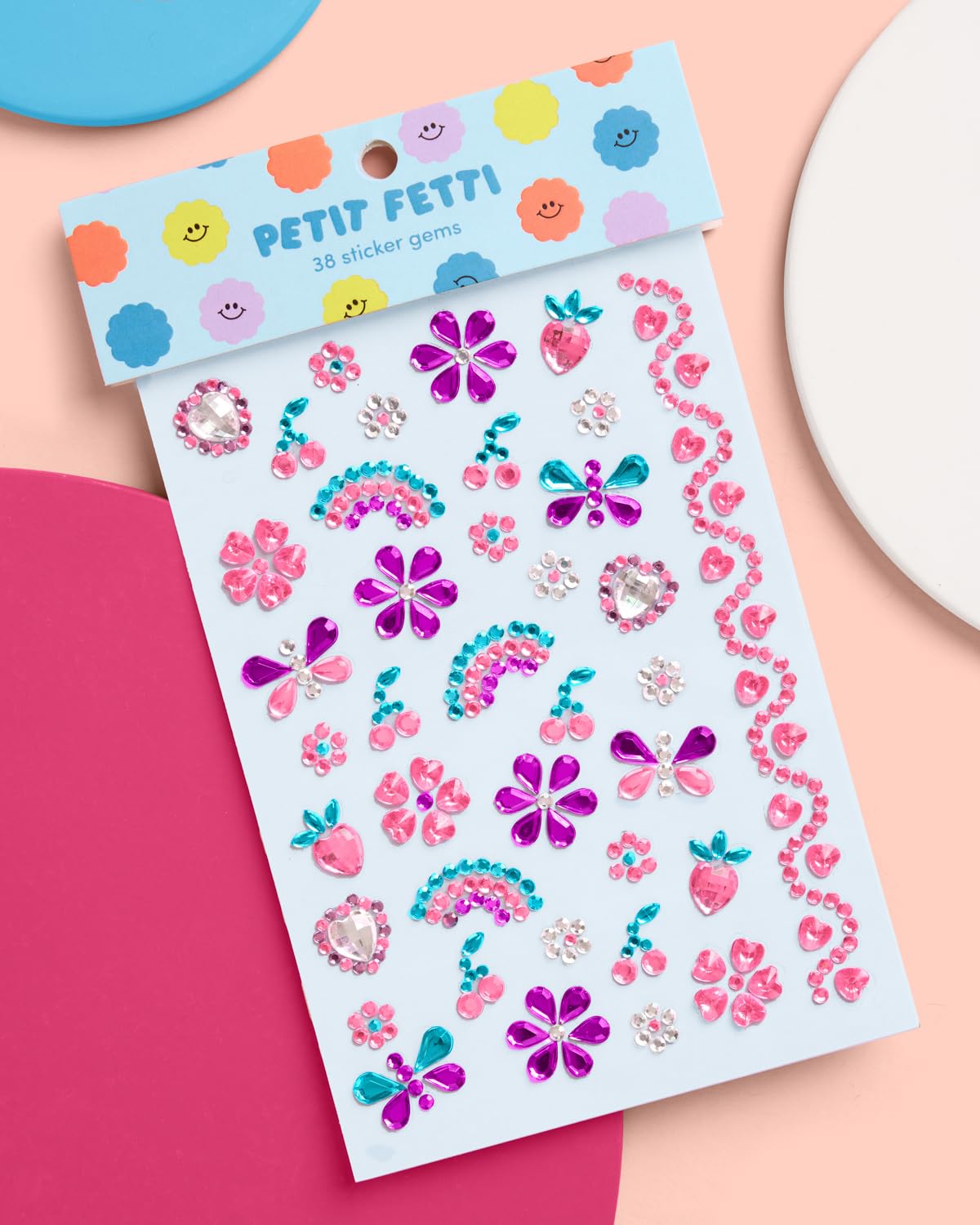 xo, Fetti Kids Face Gems, Pink, Purple + Blue - 38 pcs. | Cute Butterfly Face Stickers, Heart Birthday Rhinestone Accessory, Rainbow Decorations, Flower Supplies